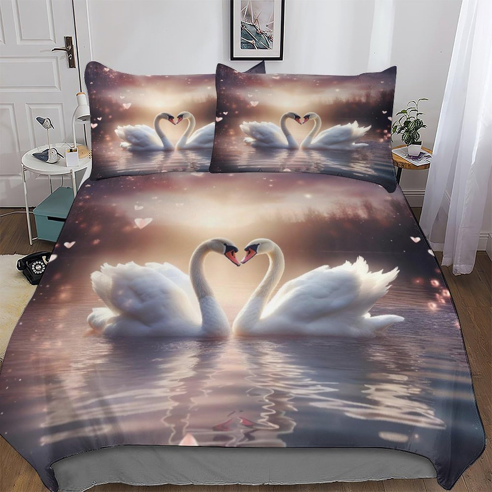 Dcccy Girls Swan-1 Swan Bedding Set Duvet Cover Soft Quilt Cover For Kids, Boys And Teens 3 Pieces With Pillowcase Cosy Bed Linen King(220X240cm)