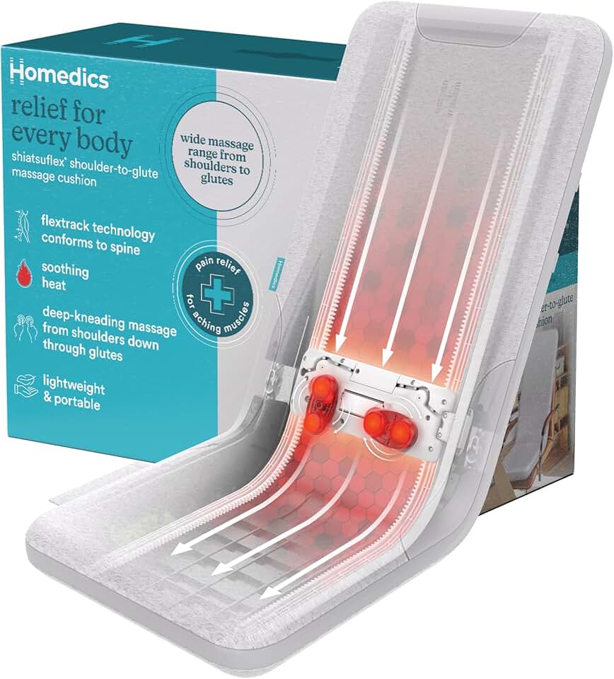 Homedics ShiatsuFlex Back Massage Cushion with Heat, Advanced Shiatsu Therapy, FlexTrack Technology, Deep-Kneading for Pain Relief in Back, Shoulders &amp; Leg Muscles, Lightweight &amp; Portable