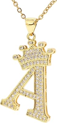 A-Z Letters Necklace Crown Necklace for Men Women 18K Gold Plated Letters Pendants with 23 Chain Hip Hop Alphabet Name Jewelry Mom Gifts Yellow a