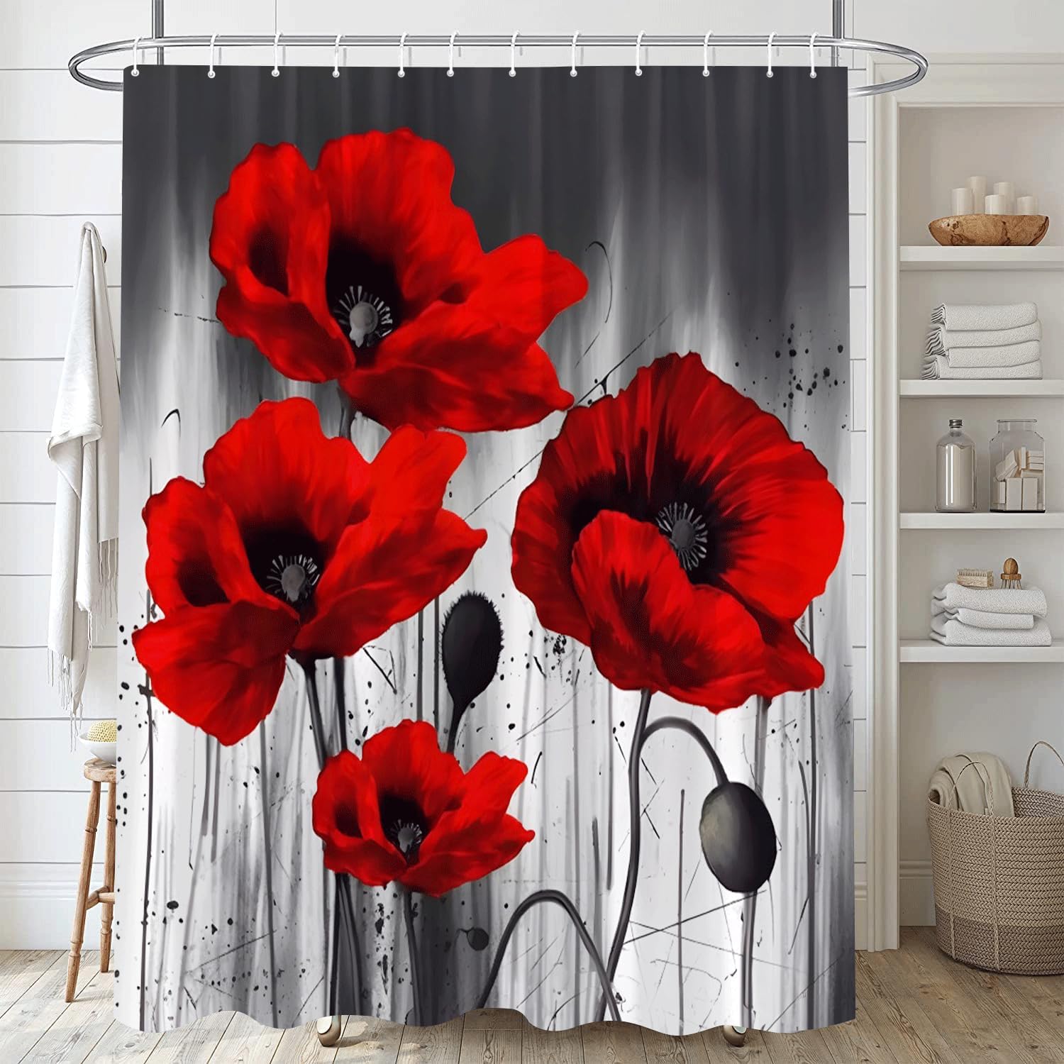 MUENKKCS Red Poppy Shower Curtain Black Grey Vintage