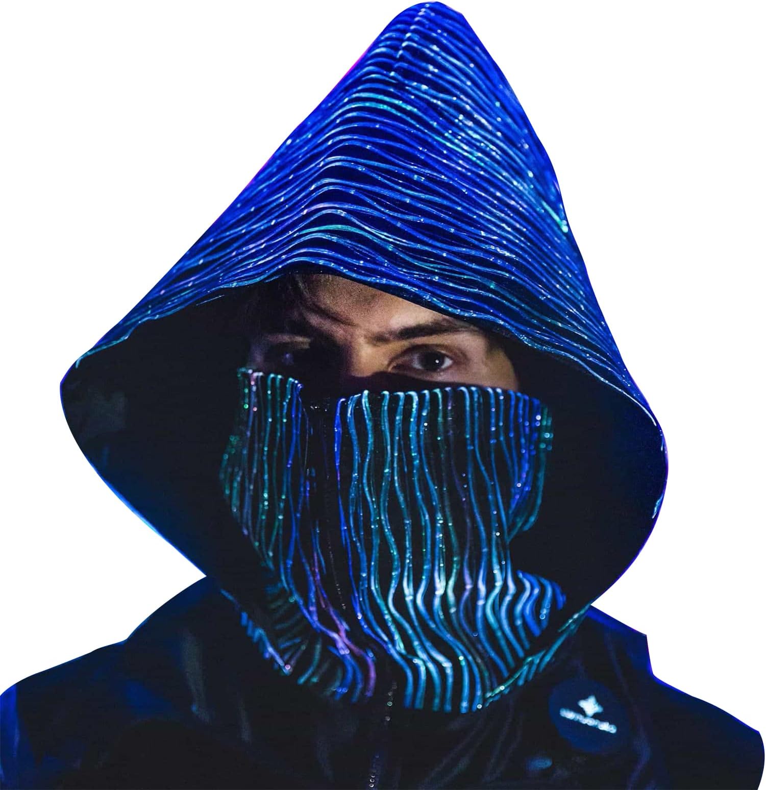 Cowl Hood Light up Hat LED Rogue Hood Cosplay Mask Luminous Festival Accessories Punk Techwear Cape Futuristic Clothing Flashing Hat for Men Glow in The Dark Outfit Outdoor Costume