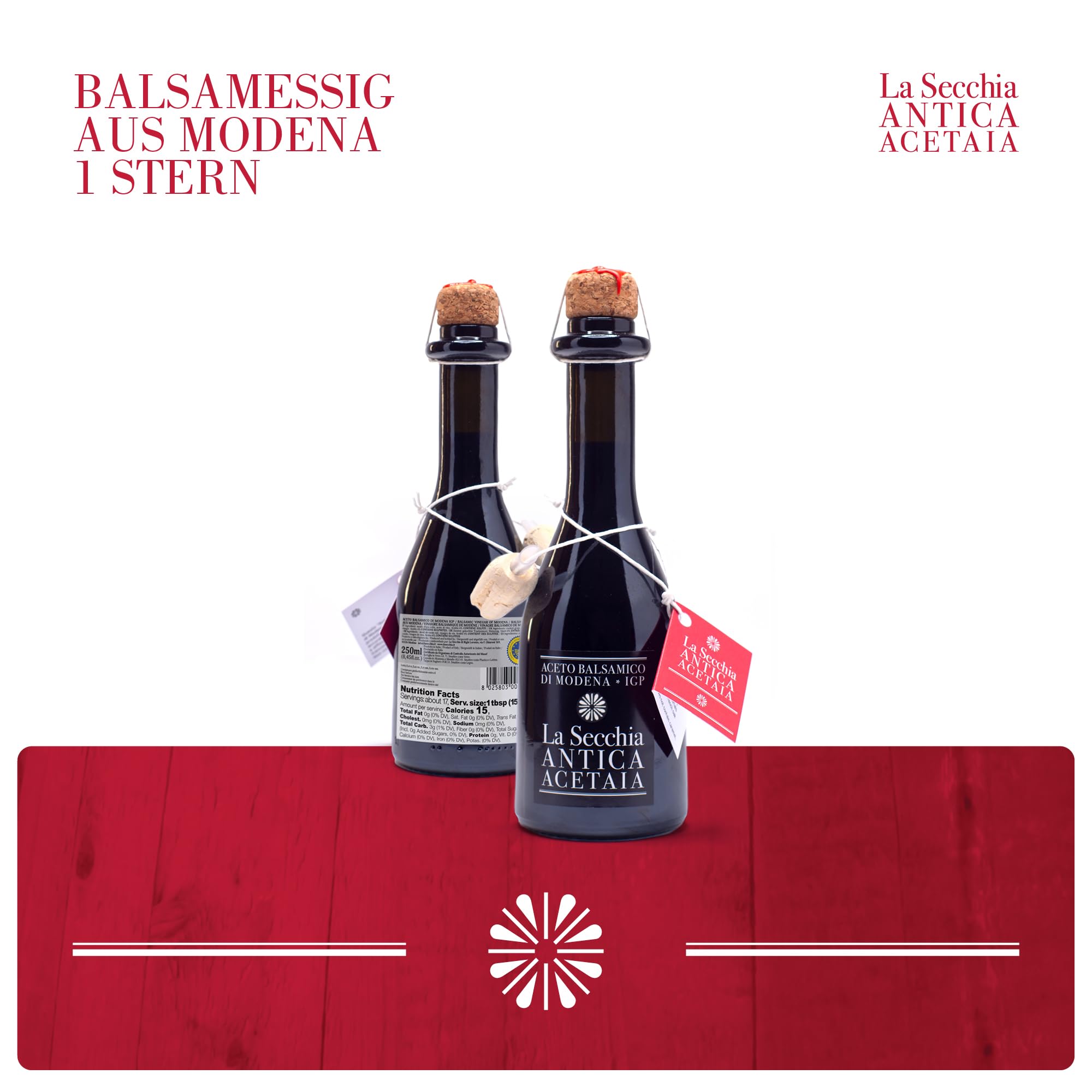 La Secchia - Balsamessig aus Modena IGP. Gereift in Eiche - 250 ml Flasche mit Messkappe aus Kork - 6 Flaschen