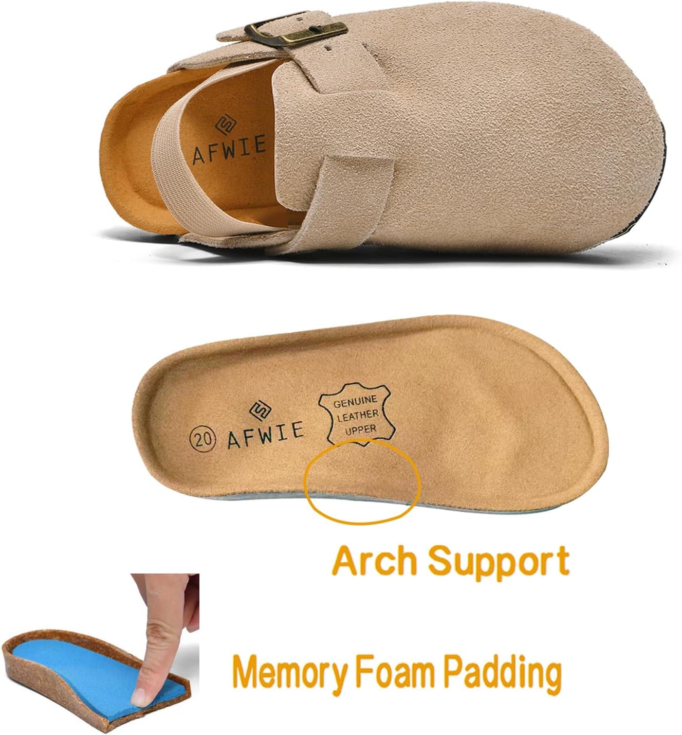 Kids Genuine Leather Clogs Toddler Sandals for Boys Girls | Cork Footbed,Arch Support Lightweight Adjustable Buckle,Slip Resistant Slippers for Indoor Outdoor,Non-Slip Sandals