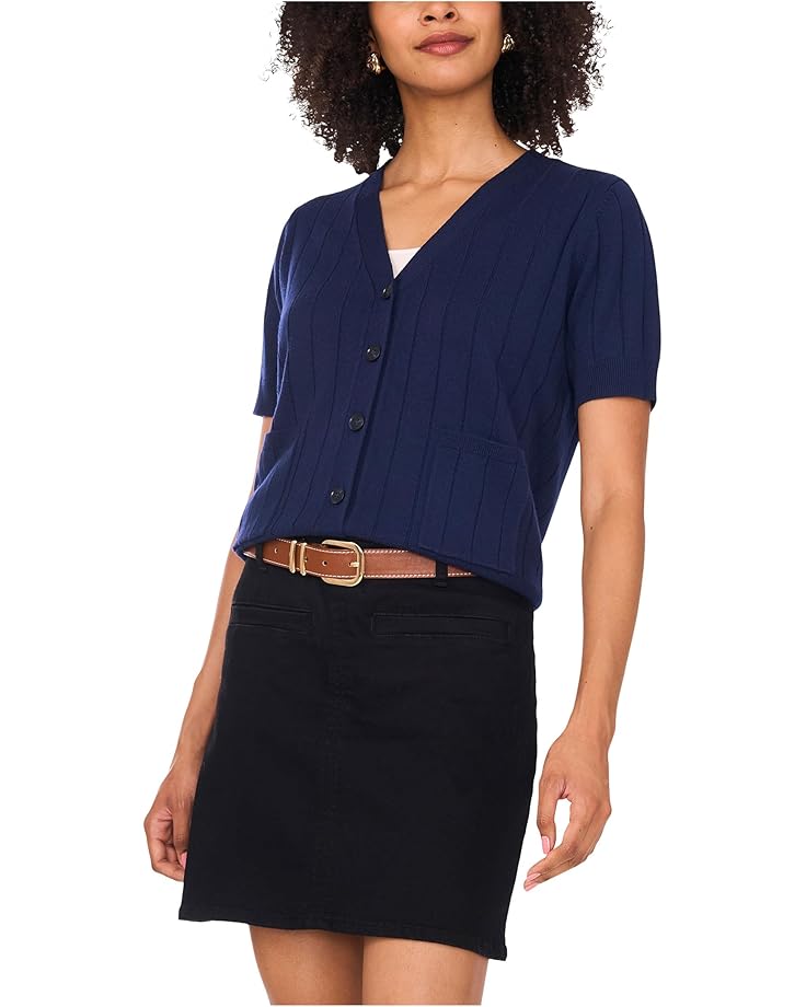 Vince Camuto Rib Short Sleeve V-Neck Cardigan with Pockets - Main View