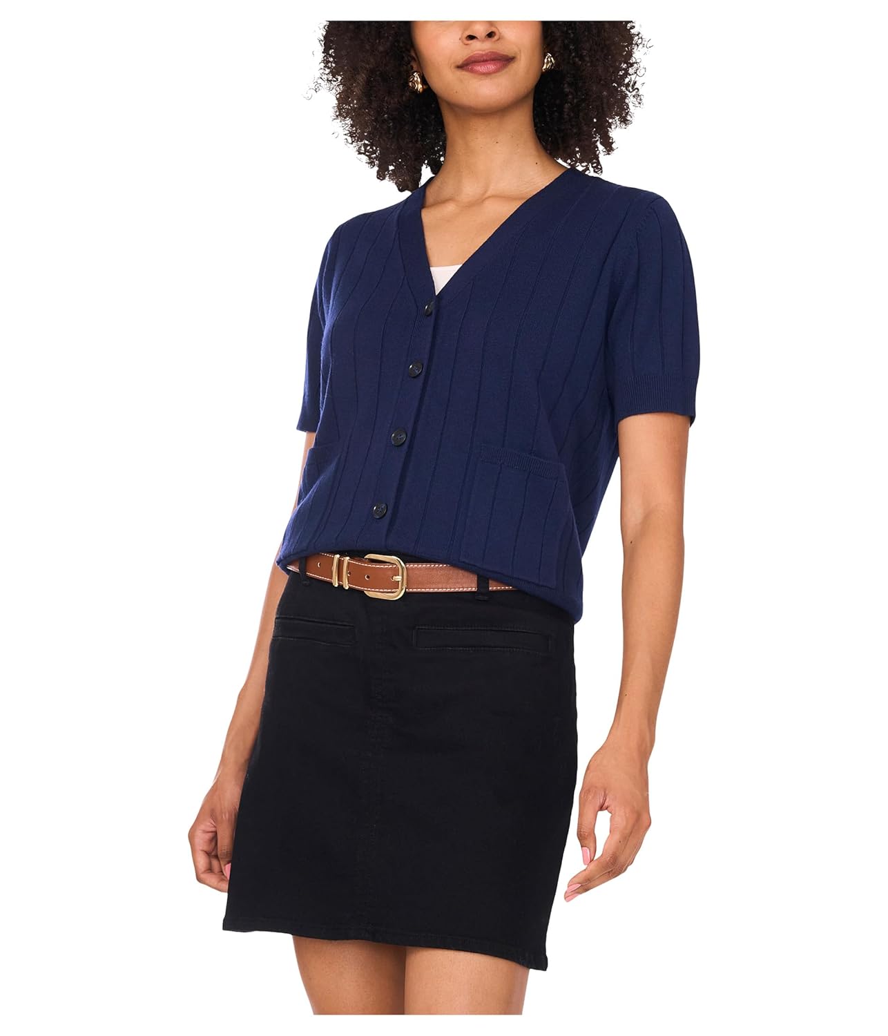 Vince Camuto Womens Rib Short Sleeve V-Neck Cardigan with Pockets