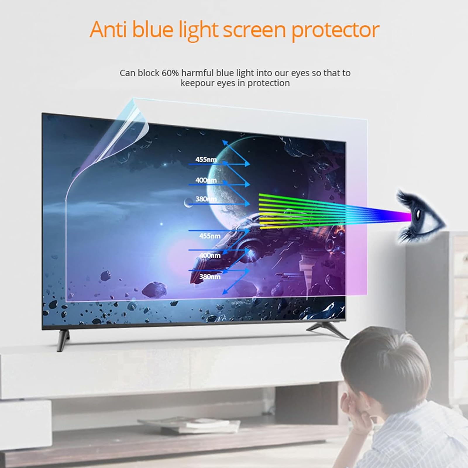 Pellicola Protettiva antiriflesso per TV da 60/65/75 Pollici, Anti Luce Blu, Filtro Multifunzione AntiGraffio, Senza Bolle, 65 Pollici, 1440 x 809 mm(60 Pollici 1338x756 mm
