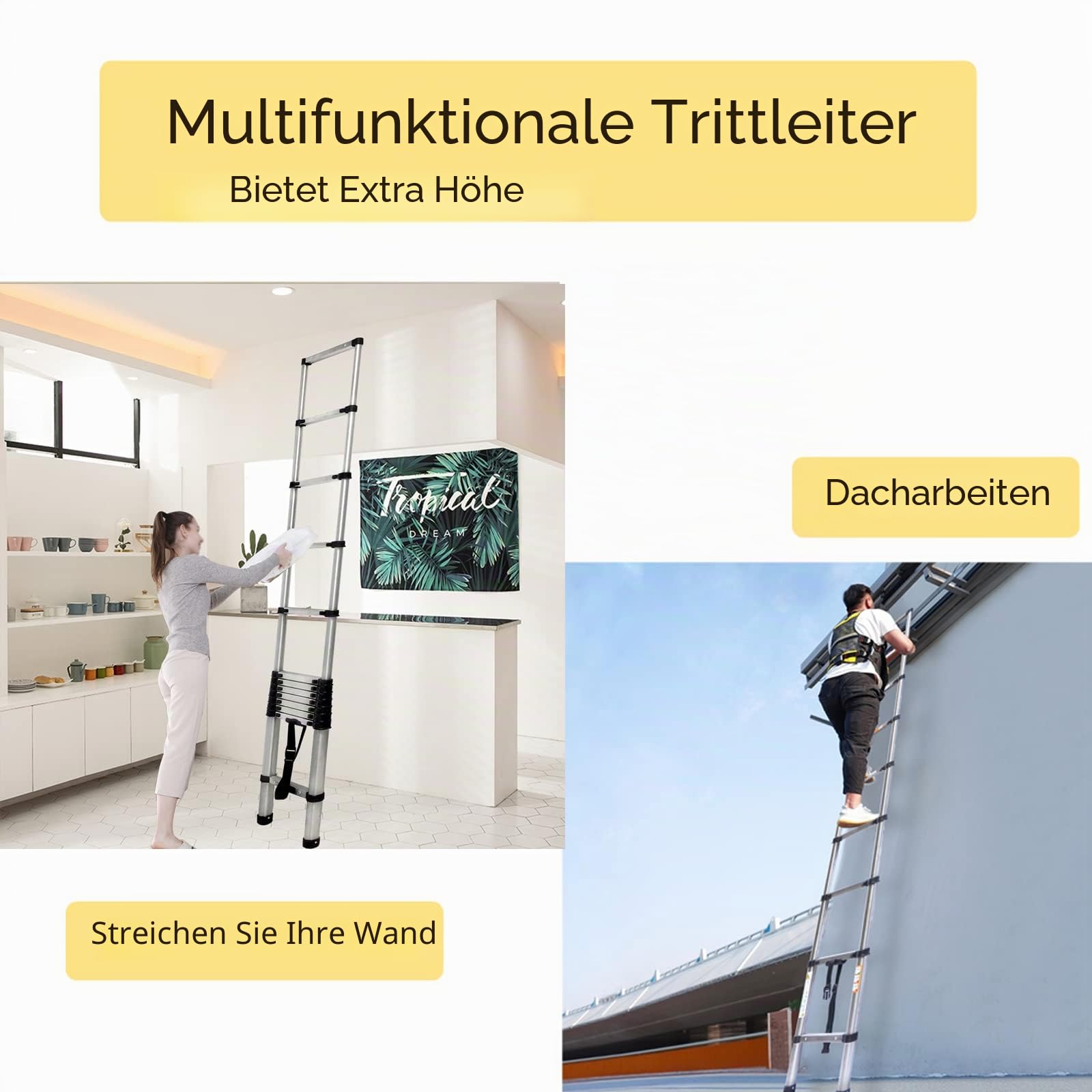 3,8 m/12,5 Fuß ausziehbare Teleskopleiter – strapazierfähige Edelstahl-Mehrzweck-Leiter für Dachboden, Garten, Dach und Treppen, einziehbare Leiter mit Sicherheitsknopf, verstellbare Stufe, zum