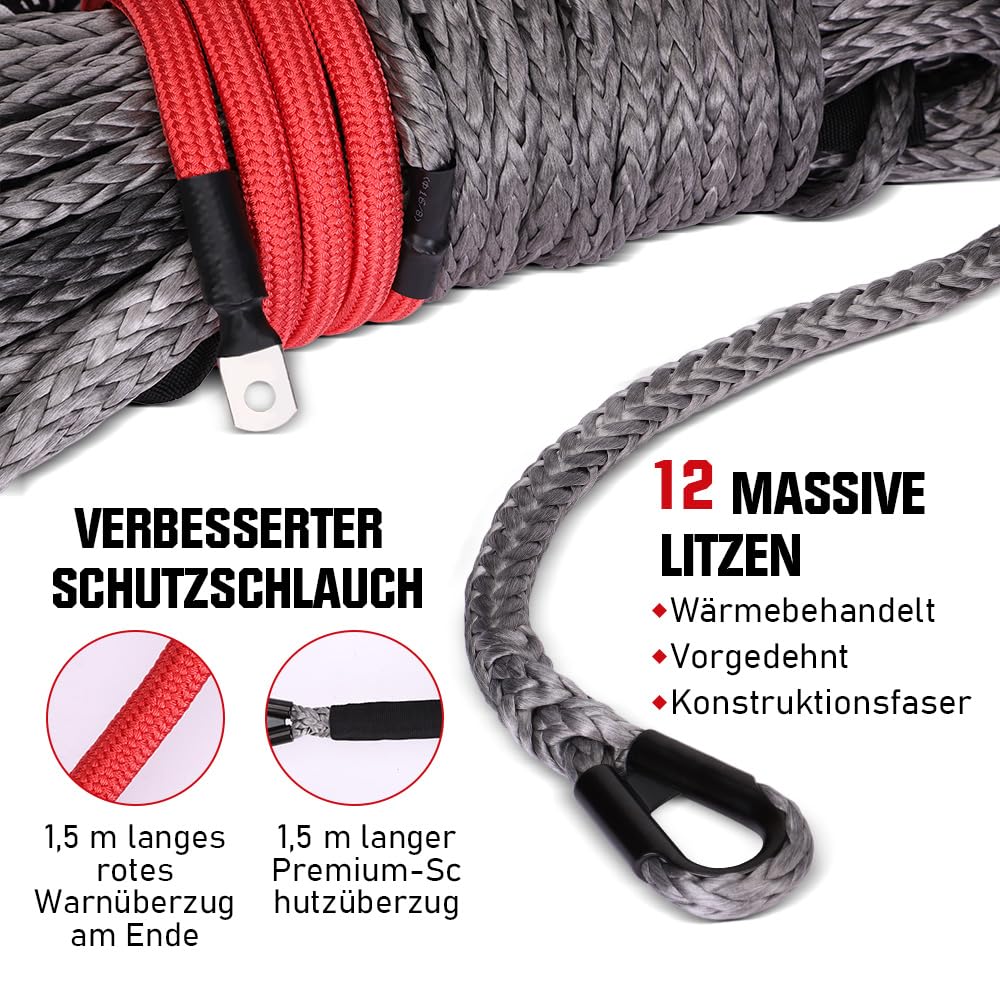Seil-Winde 12-Strand 20500 LBS mit Schutzhüllenhaken f. LKW ATV UTV | 10mm x 28m Synthetik-Kunststoff-Seil UHMWPE Synthetikseil Windenseil Forstseil 9299KG Anhängerseil Fahrzeugwinde