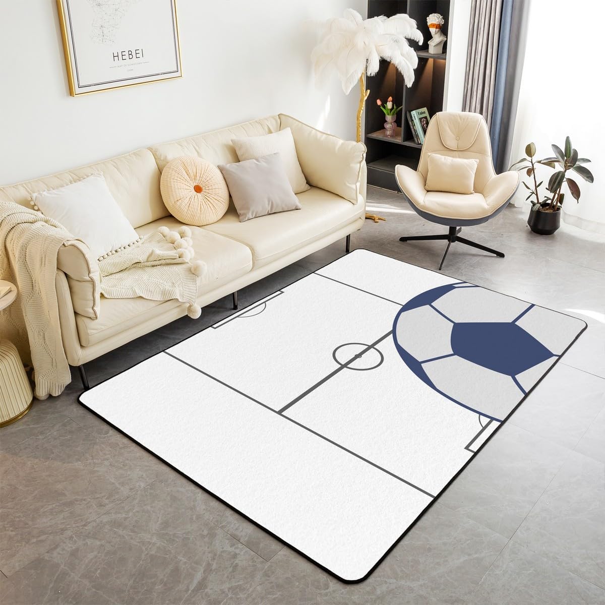 Erosebridal Football Decorative Accent Rug 5X7,White Blue Soccer Area Rug for Teens Youth Boys Kids,Football Field Decorative Rug Sports Ball Games Theme Living Room Rugs,Non Shedding