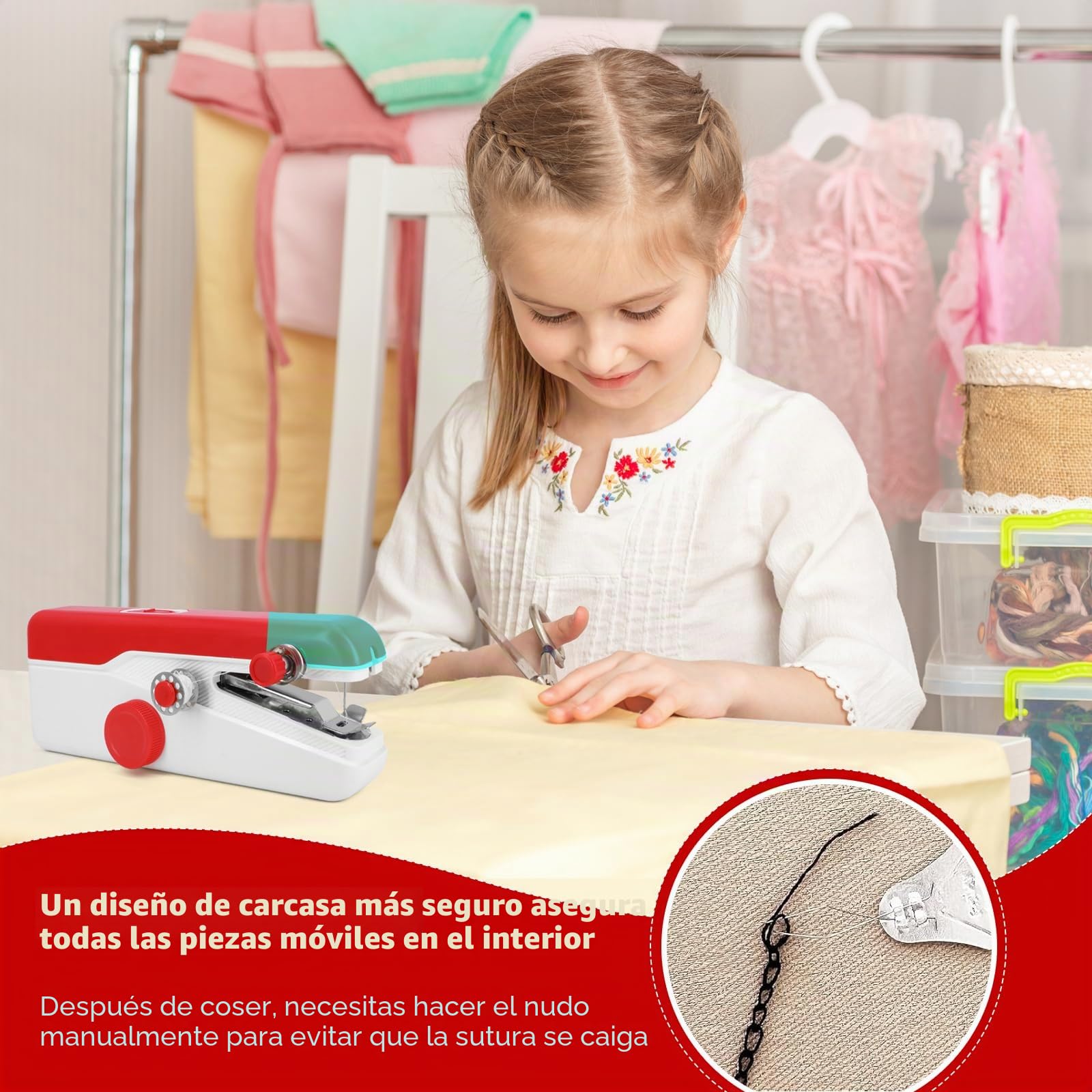 Máquina de Coser Portátil Mini para Principiantes – Eléctrica, Puntada Rápida, Velocidad Ajustable, Kit DIY de Reparación de Ropa para Hogar y Viaje (Rojo)