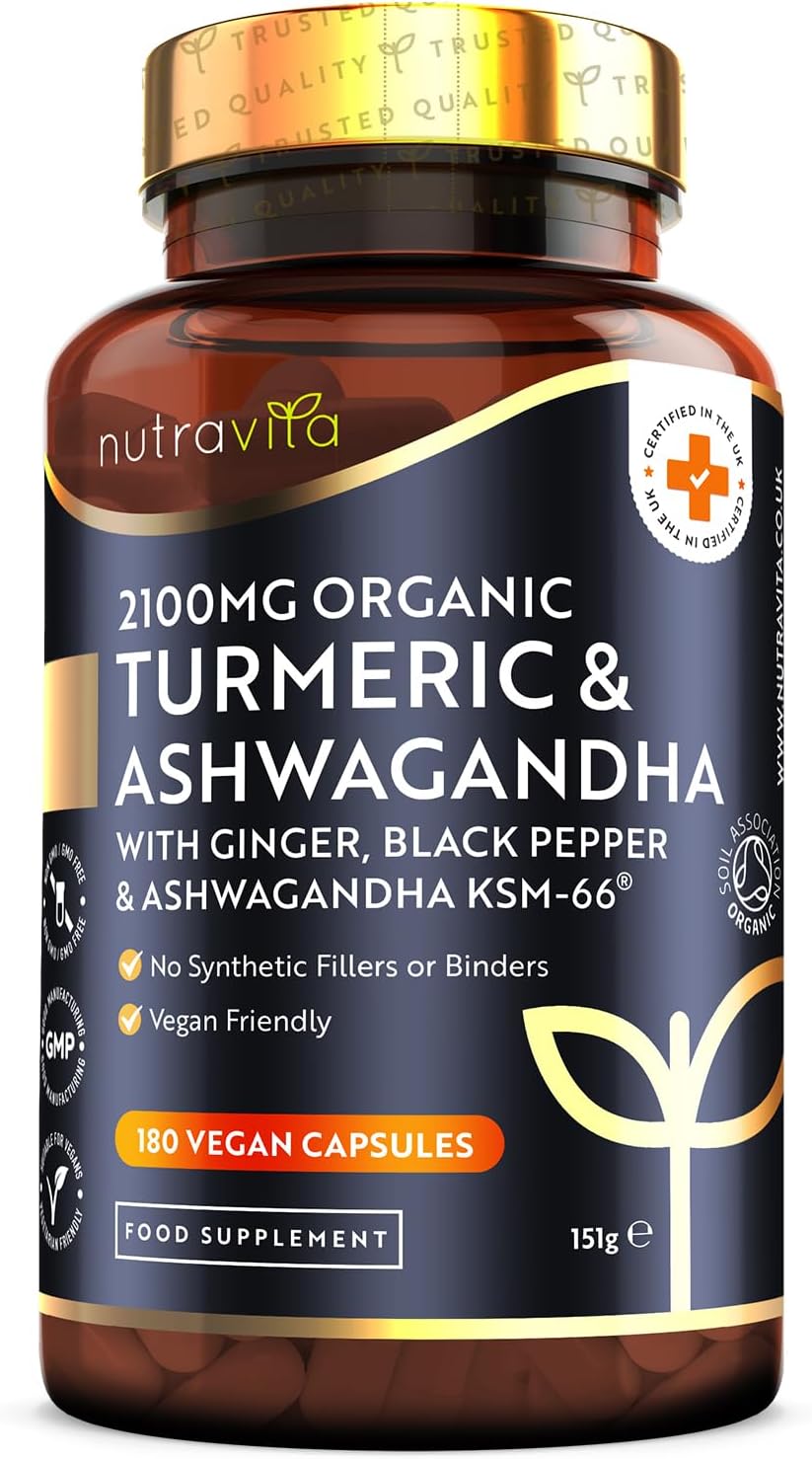 Nutravita Turmeric & Ashwagandha KSM-66 ยฎ - 180 High Strength Capsules with Ginger & Black Pepper - Organic Tumeric & Ashwagandha Supplement - Vegan & Gluten Free - UK Made