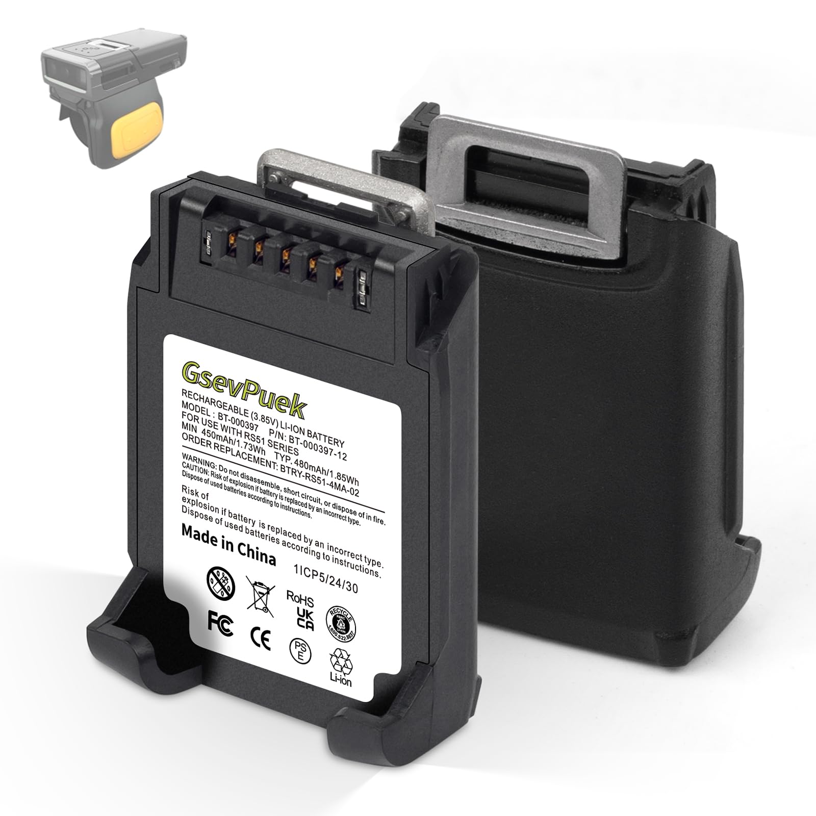 GsevPuek RS5100 Battery Replacement,BT-000397 for Zebra Ring Scanner RS51 RS5100 RS61 RS6100 RSBT5 RS51B0 RS51C0,BT-000398 BTRY-RS51-7MA-01 BTRY-RS51-