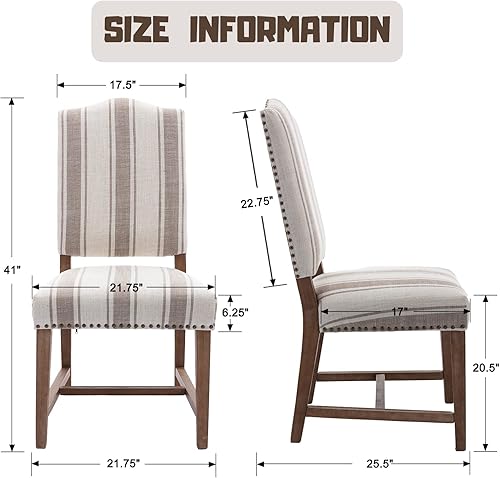 Miniatura 10 de Juego de 2 sillas de comedor de lino tapizadas color beige, sillas laterales de cocina con patas de madera y ribete de cabeza de clavo