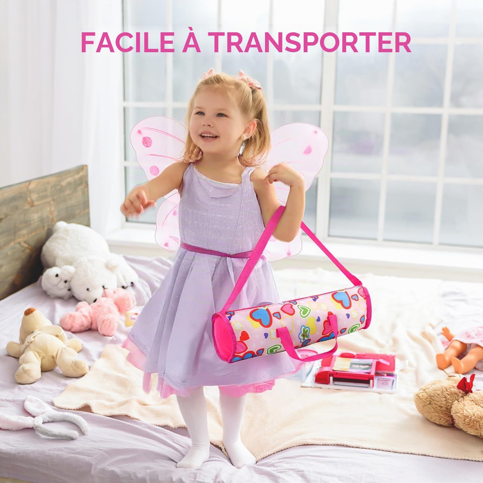 Lit de Voyage Pliable pour poupée jusqu'à 45cm avec Sac de Transport et Accessoires Jouet d'imitation pour Enfants 3 Ans et Plus