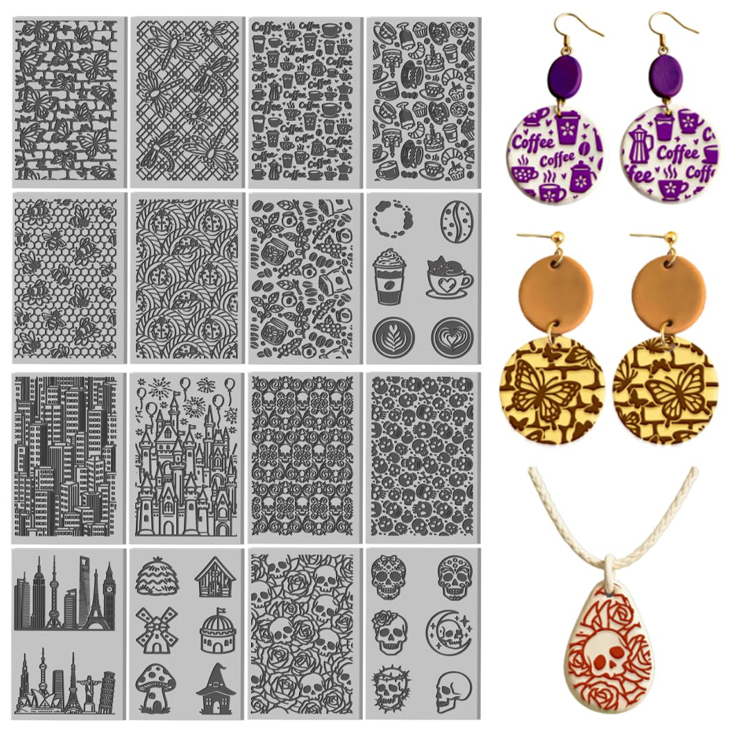16 Pcs Vintage Skulls Polymer Clay Texture Sheet Textures and Insects Rubber Clay Texture Mat for Polymer Clay Making Earrings Jewelry DIY Crafts 4 × 2.5 Inch