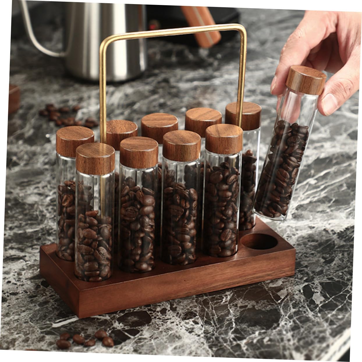 NUOBESTY Glas Kaffeebohnen Aufbewahrungsset mit Holzständer Glasröhrchen mit Deckel Luftdichte Kaffeebohnen Behälter für Küche Kompakt und Platzsparend Vielseitig für Gewürze und Kräuter