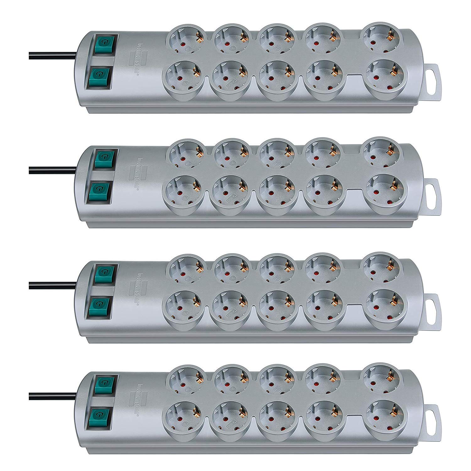 Brennenstuhl Primera Line, Ciabatta elettrica 10 prese (Ciabatta con 2 interruttori per 5 prese e cavo da 2 m) (4 pezzi, argento | 10 prese)