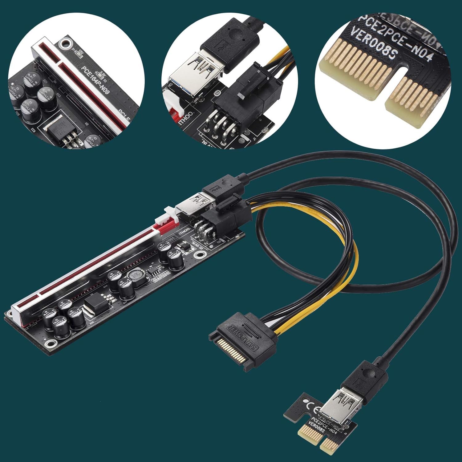 PCIE Riser 1X to 16X GPU Riser Card VER009S, 0.6m USB 3.0 Extension Cable-6PIN SATA Power Cable-GPU Extender Adapter Board (6 Pack)
