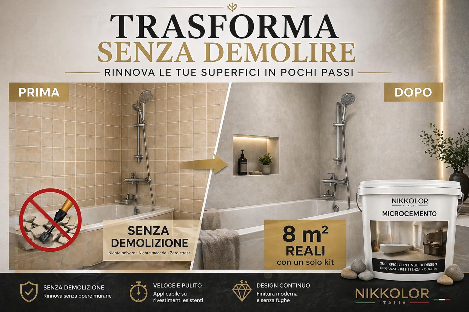 Kit Microcemento 8 m² per Pavimenti e Pareti - Opaco – 13 | Copre piastrelle e fughe senza demolire con spessore finale 2-3 mm - Finitura Opaca