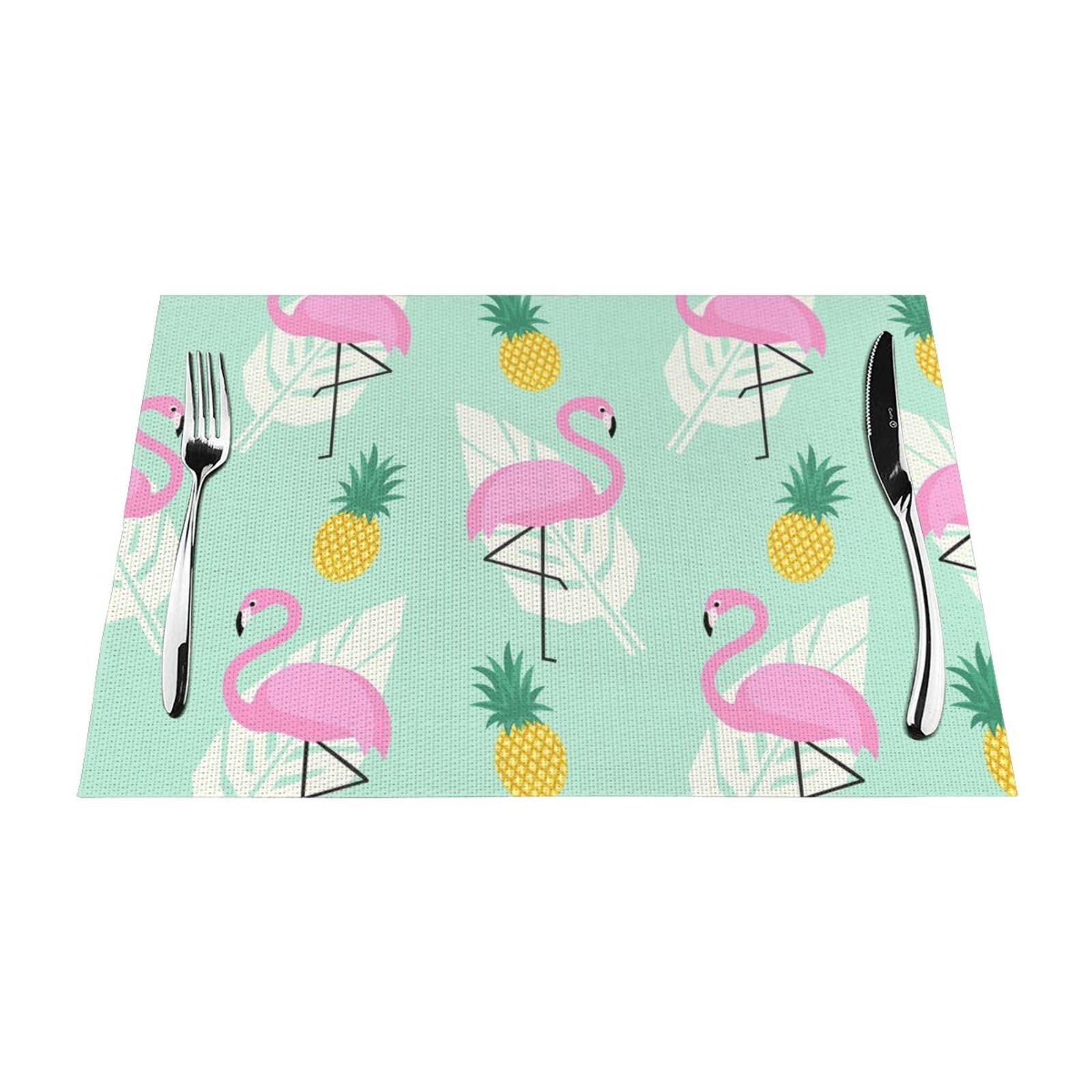 PVC Placemat Set of 6 PCS, 45x30 CM, pink flamingo pineapples Printed Non-Slip Heat Resistant Place Mats for Kitchen Dining Table Indoor Outdoor
