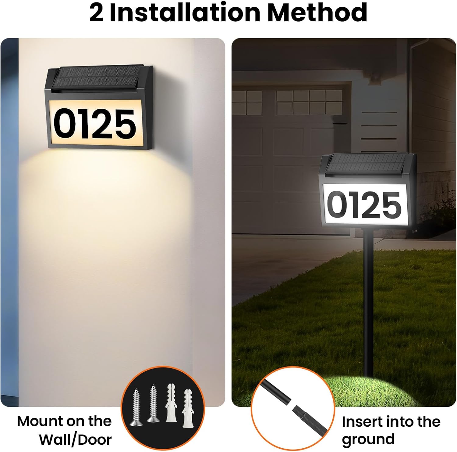 TECKNET Solar Address Sign, Waterproof Solar Powered House Numbers, 3-Color LED Illuminated Address Plaques with Stake, Wall Mounted/In Ground Lighted Address Number for Outside Home, Yard, Garden