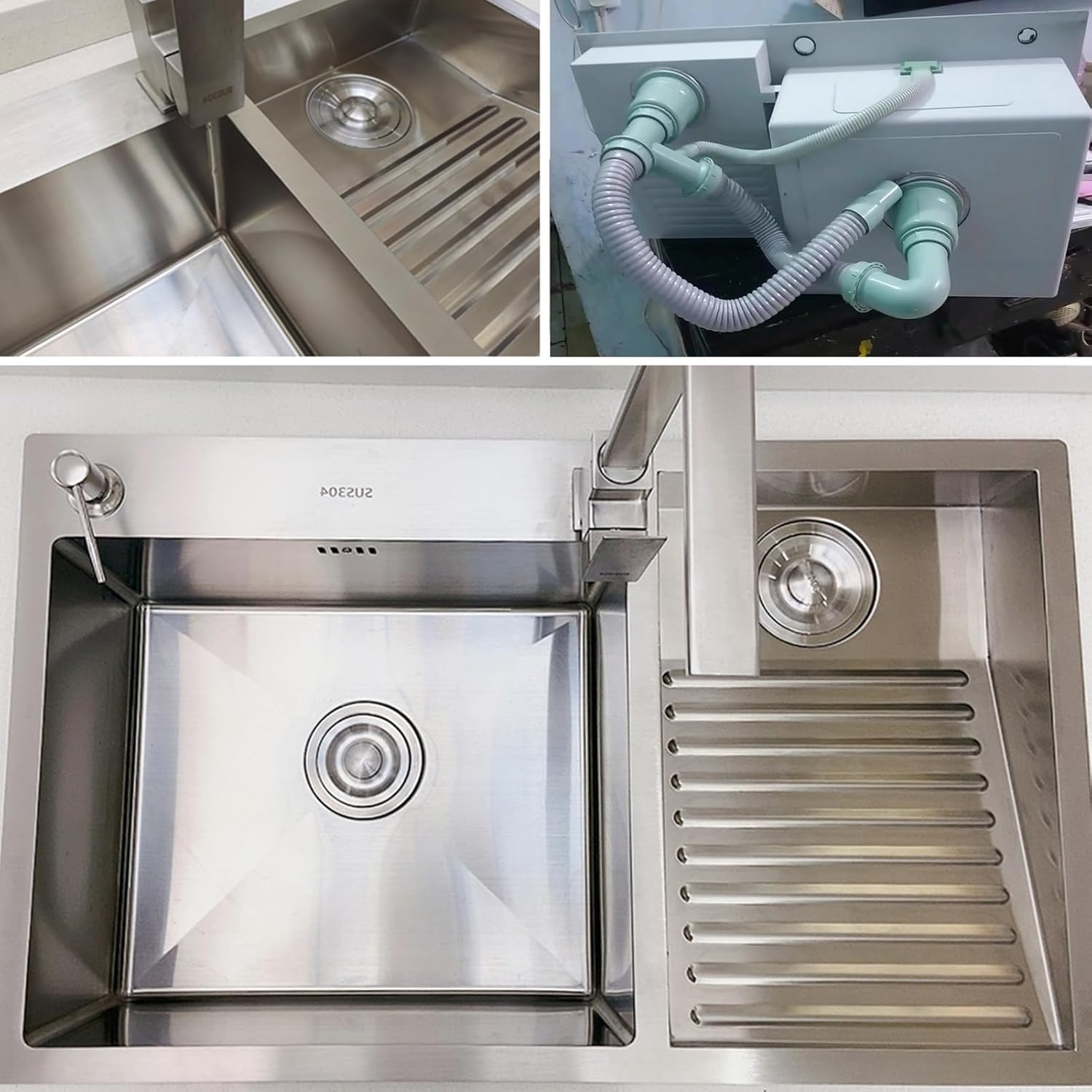 Stainless Steel Kitchen Sink with Faucet Laundry Utility Sink With Washboard Household Pool Balcony Room Wash Basin Easy Clean Double-Bowl, 700mm/27.5Inch