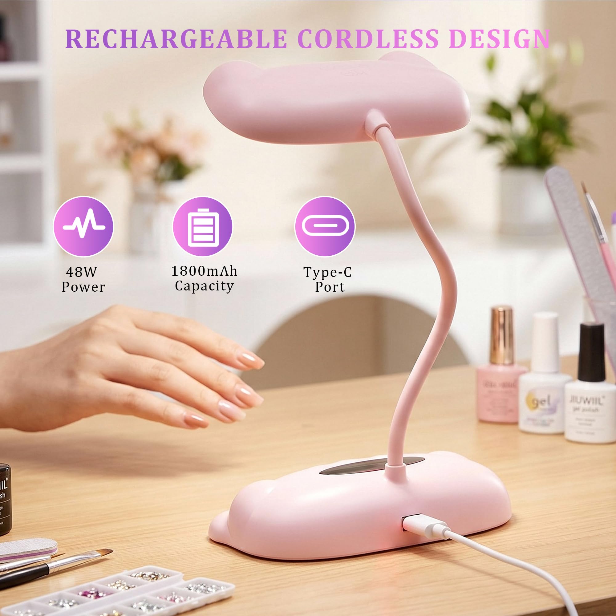 JIUWIIL 48W UV LED Nail Lamp with 24 Beads and Flexible Gooseneck