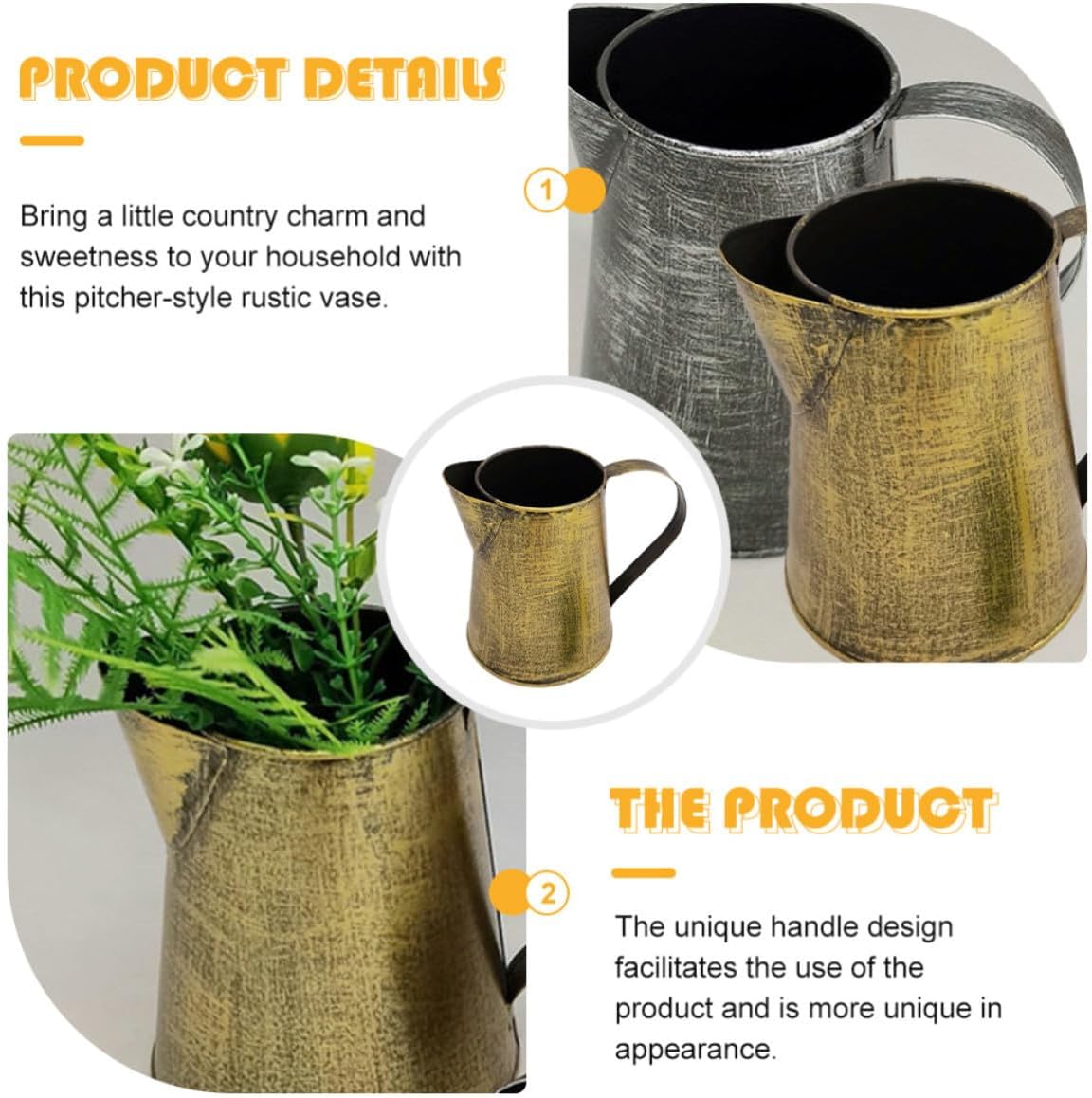 Generic Rustic Iron Flower Pot with Unique Handle Design, Golden Pitcher-Style Vintage Jug Vase for Home Décor and Flower Arrangements, Elegant Storage Bucket for Plant Display