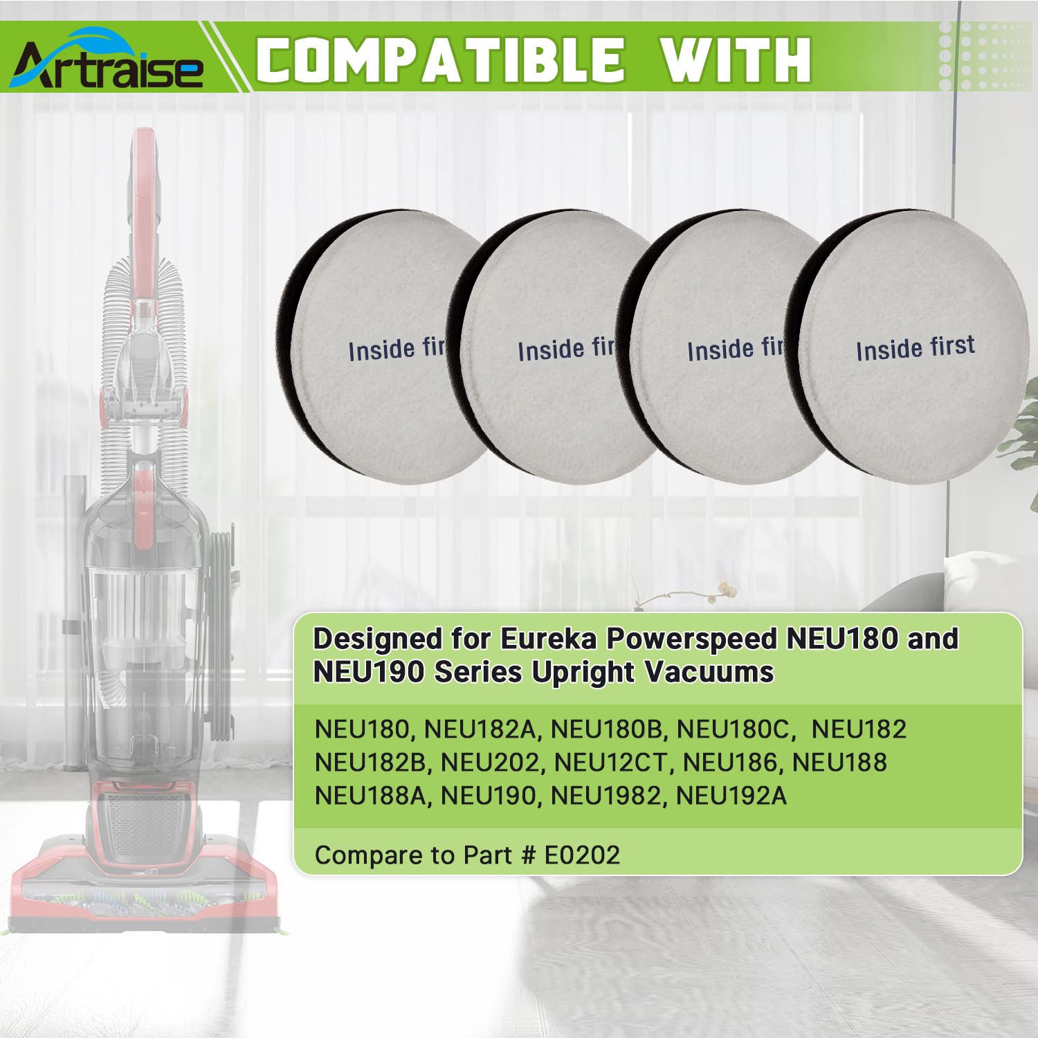 Artriase Vacuum Filter Replacement for Eureka Powerspeed NEU180 NEU180C NEU182A NEU182B NEU12CT NEU186 NEU188 NEU188A NEU190 NEU192A, Compare to Part # E0202, 4 Pack Pre-Motor Foam Filters
