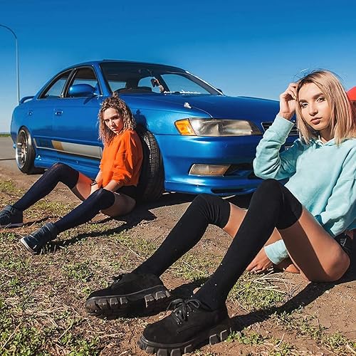 Miniatura 5 de DRESHOW 3 pares de calcetines altos hasta el muslo a rayas por encima de la rodilla, medias finas largas hasta la rodilla, calentador de pierna alta