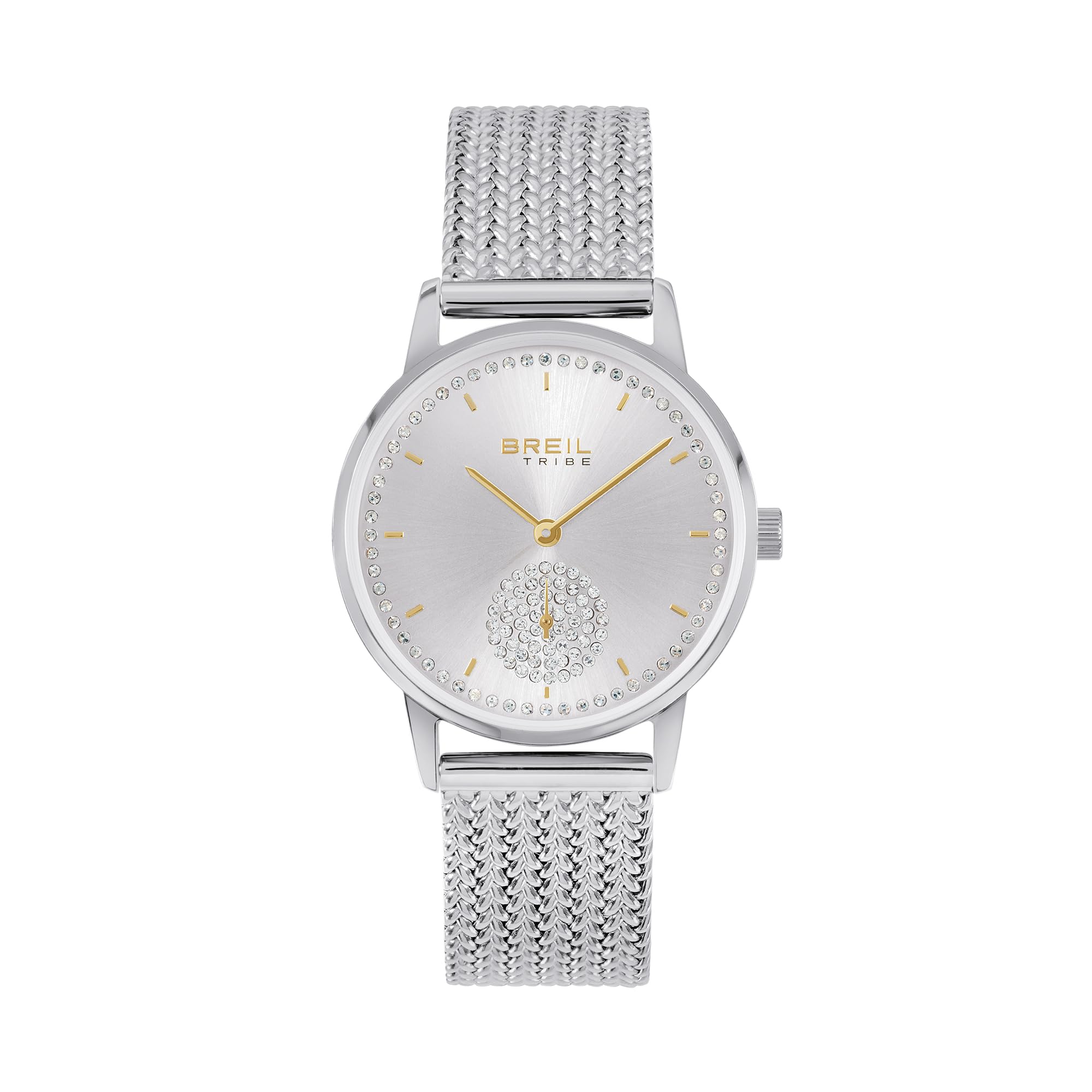 Breil, Collezione Drop, Orologio Donna, Orologio in Acciaio Lucido, Quadrante Silver Effetto Sunray con Cristalli, Bracciale Maglia Mesh, Water Resistant 5 ATM, Cassa 32 mm, Idea Regalo Donna