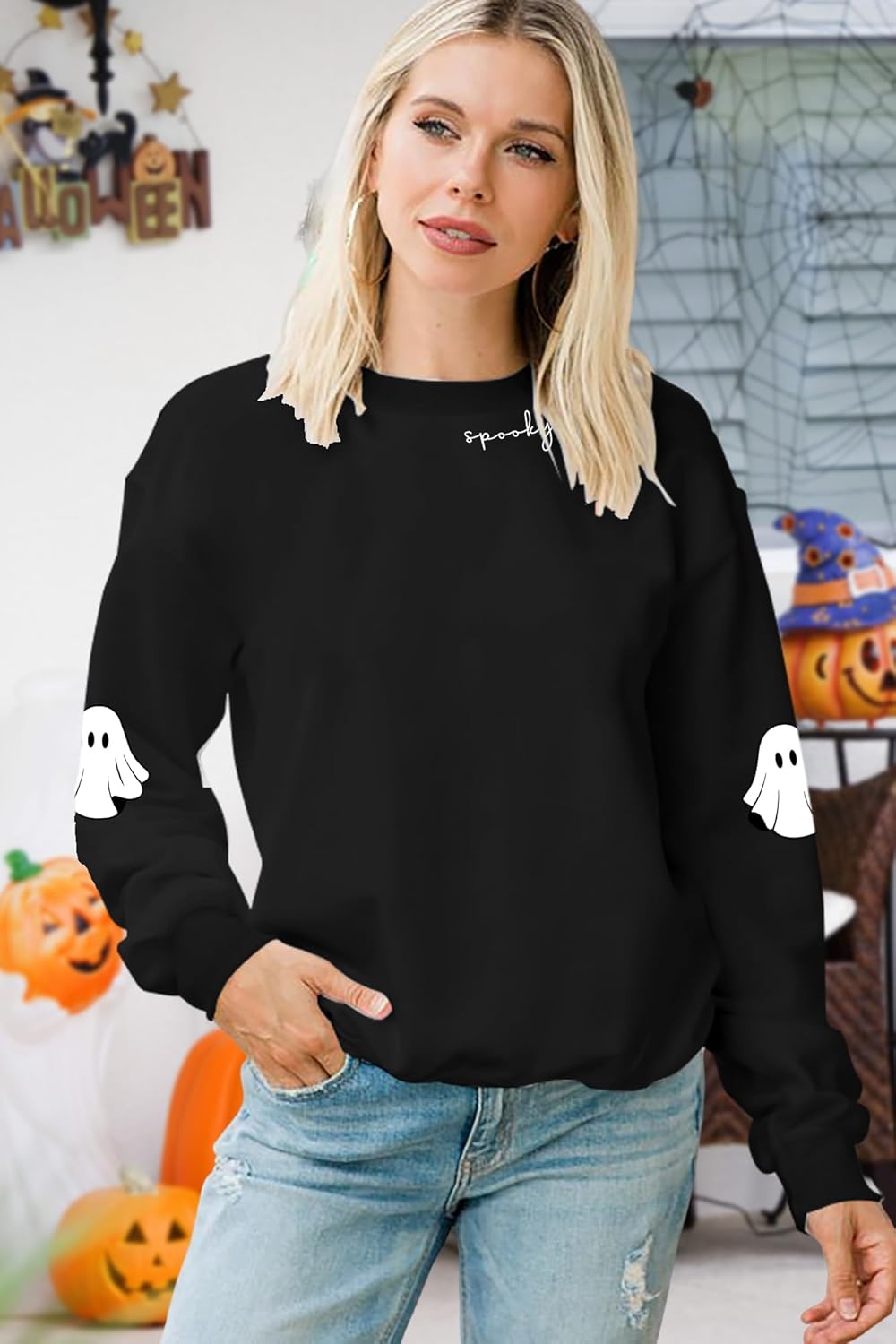 Halloween Sweatshirts Women Spooky Season Shirt Funny Ghost Graphic Halloween Shirts Long Sleeve Pullover Tops Black - Image 3