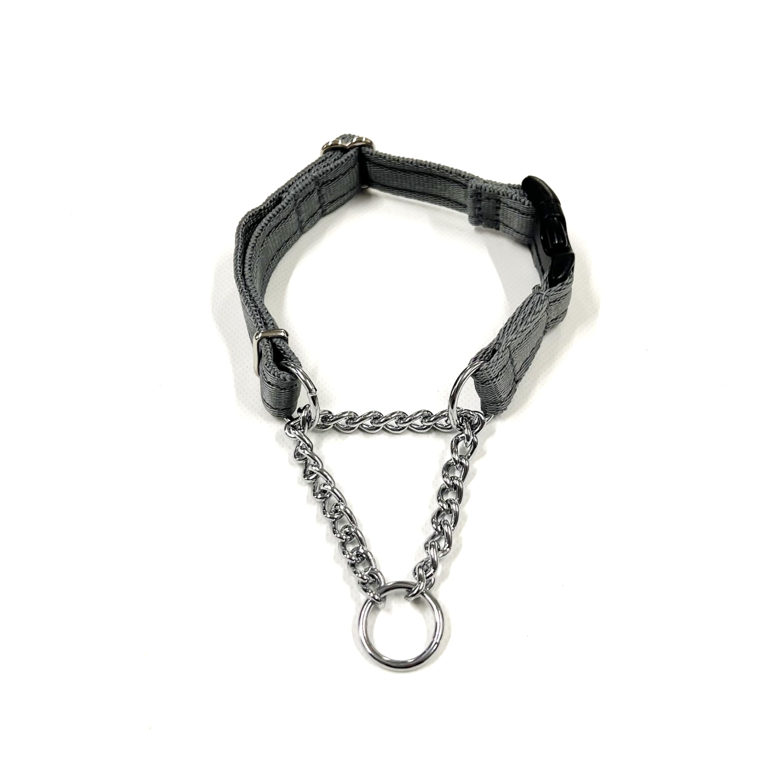 Adjustable Half Check Chain Dog Collar With Curved Side Release Buckle 20mm Wide Cushion Webbing (Silver/Grey, Large)