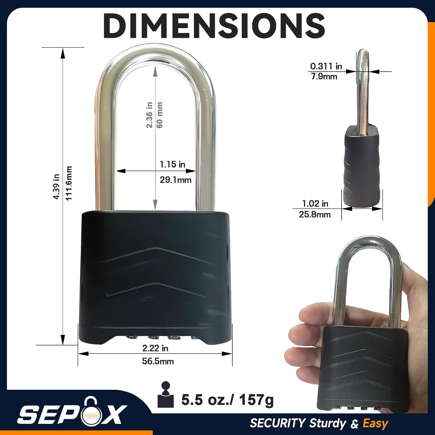 SEPOX® Combination Padlock Bundle – 2 Extra Long Shackle + 10 55mm Weatherproof Uncuttable for Home/Warehouse