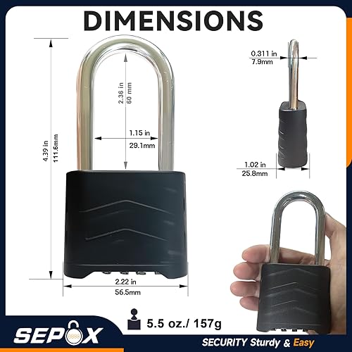 Miniatura 5 de SEPOX 2 candados de combinación grande, grillete extra largo de 2-58 pulgadas, bloqueo combinado al aire libre de 2.2 pulgadas, cuerpo de aluminio