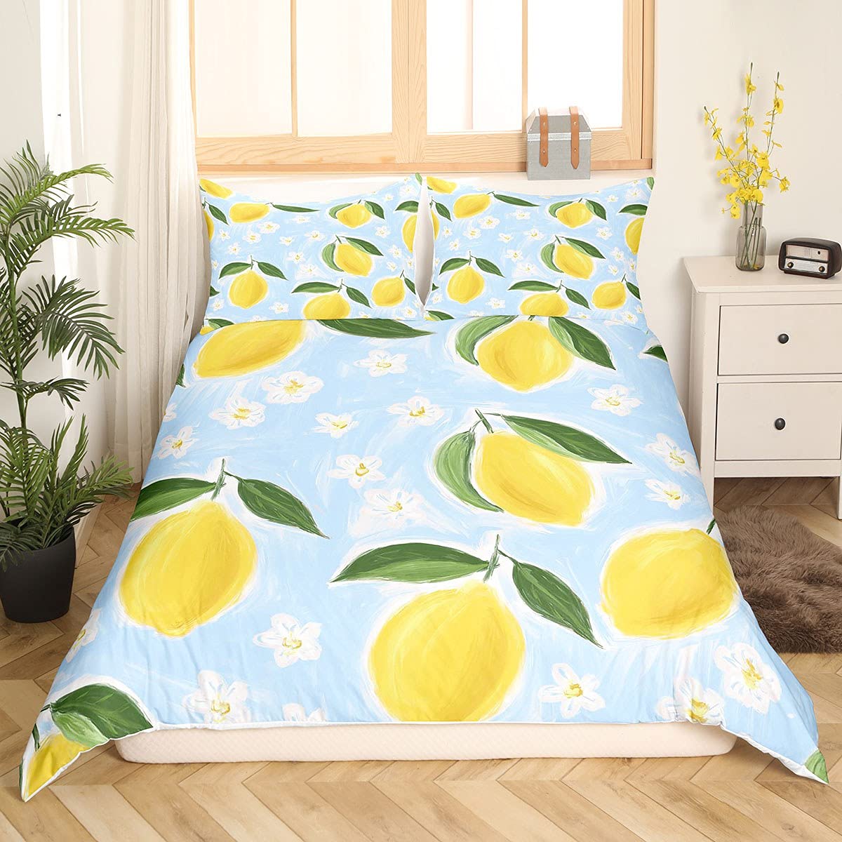 Housse de couette en lin fruits tropicaux parure de lit haut de gamme jaune