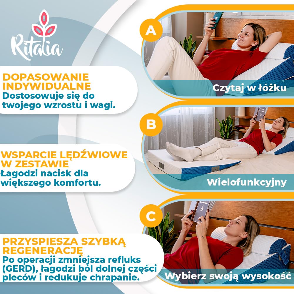 Ritalia® poduszka do czytania 3 wysokości extra szeroka 60x60x30 cm, idealna jako poduszka przeciwrefluksowa dla dorosłych, klin do łóżka, oparcie. Duża WSZECHSTRONNOŚĆ, zawiera poduszkę lędźwiową