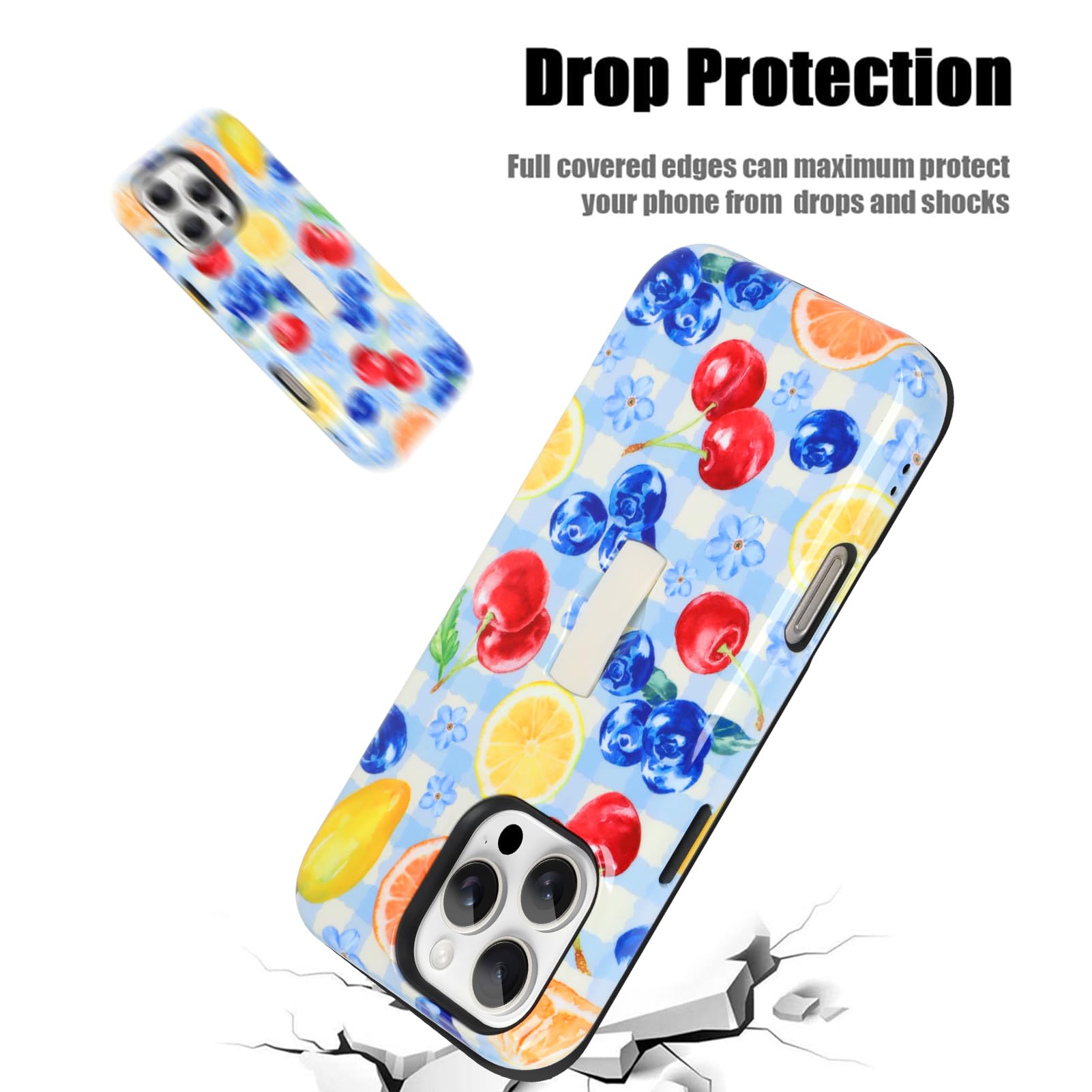 Custodia compatibile con iPhone 16 Pro, grazioso design lucido a scacchi, con cinturino da polso regolabile integrato, supporto per la mano con cavalletto, cover rigida antiurto (blu)