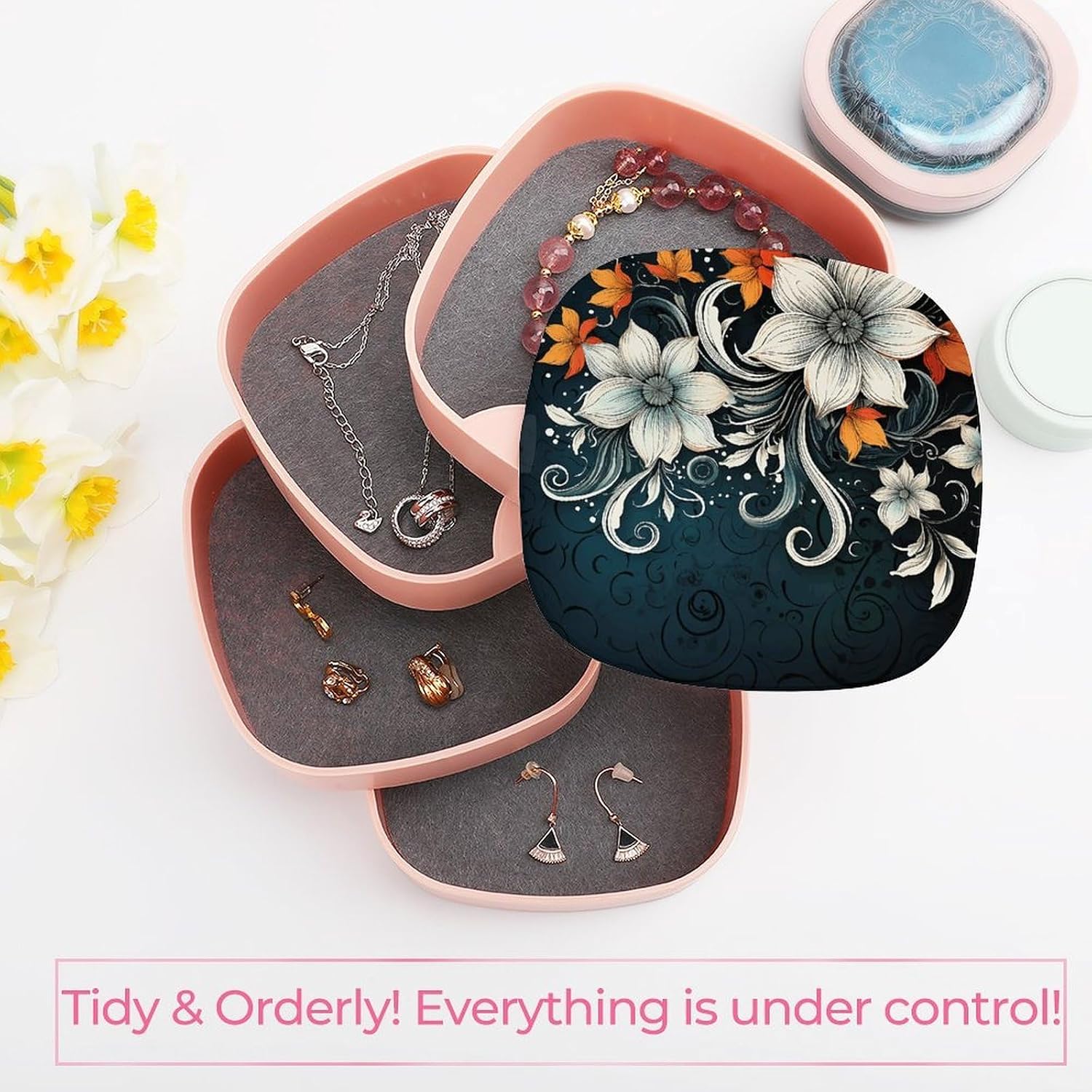 Novelty Boho Abstract Flowers Jewelry Box Travel Jewelry Organizer 4-Layer Rotating Jewelry Tray Case with Mirror Portable Jewelry Case Trinket Boxes Trinket Cases Earrings Storage Box image 5