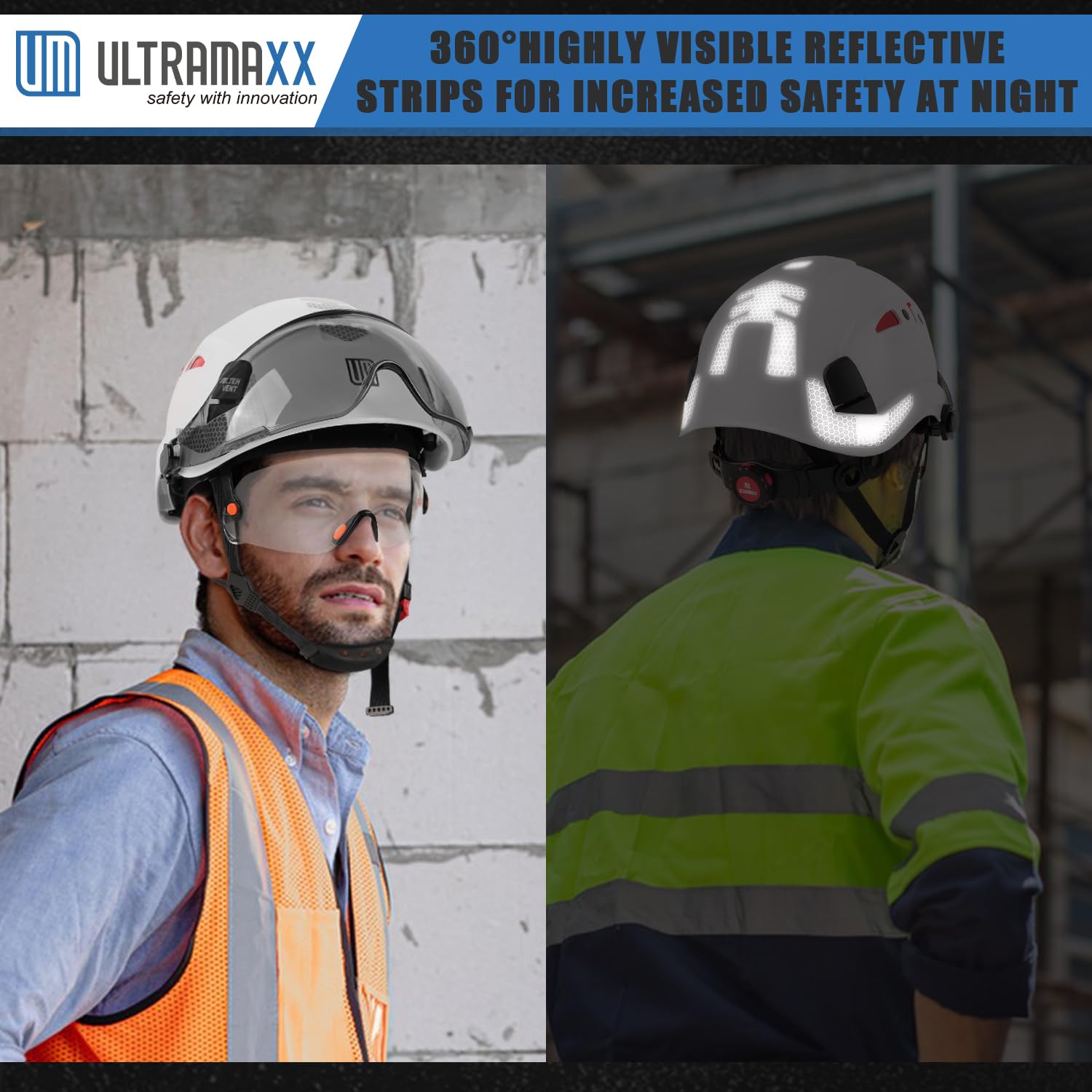 UM ULTRAMAXX Casque de sécurité avec visière intégrée, design ventilé, certifié ANSI Z89.1, idéal pour l'industrie et la construction