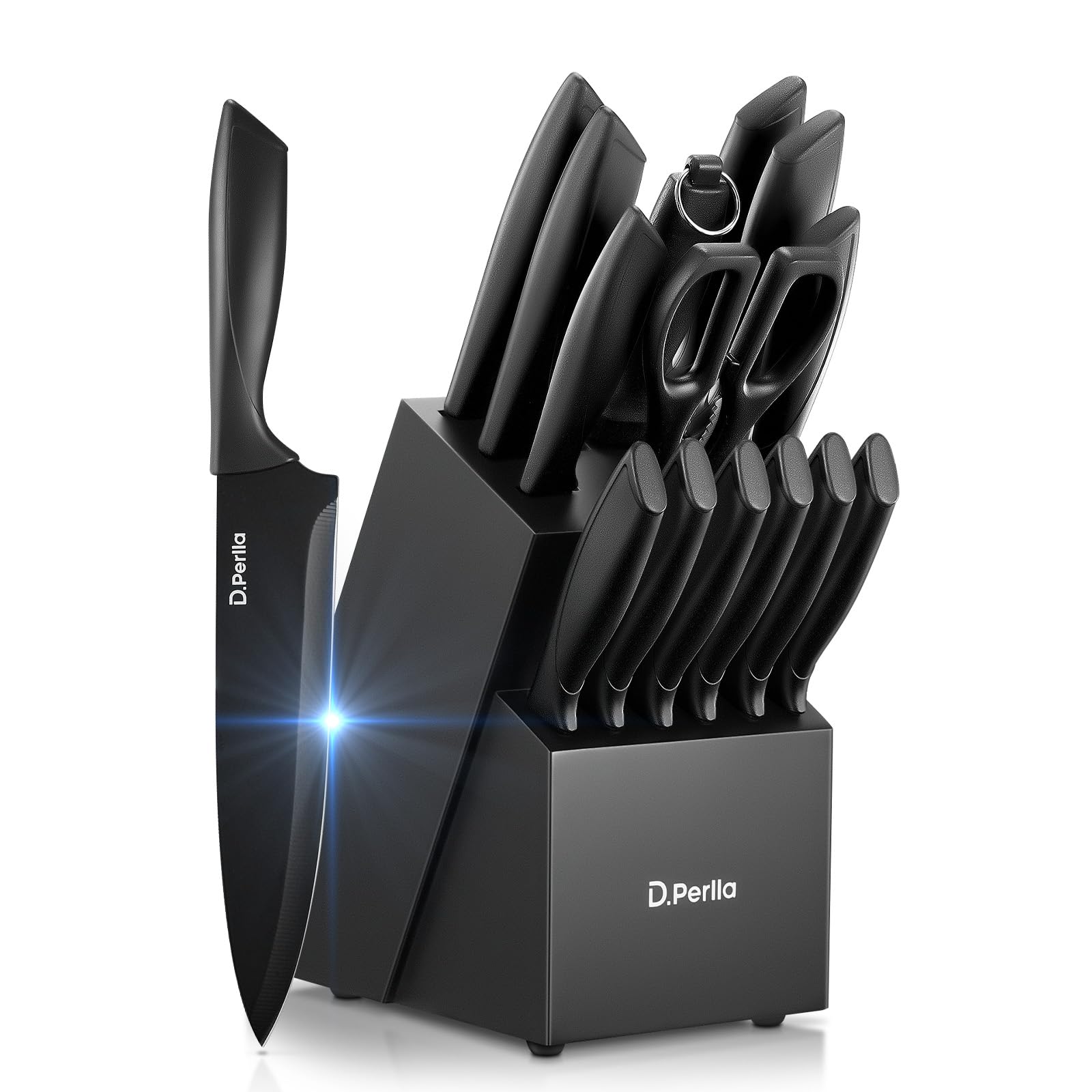D.Perlla Knife Set, 15 Pieces Kitchen Knife Set with Professional Knife Sharpener Rod, German Stainless Steel Knives Set with Wooden Block, Non-Stick & Non Rust Black Coating, Dishwasher Safe