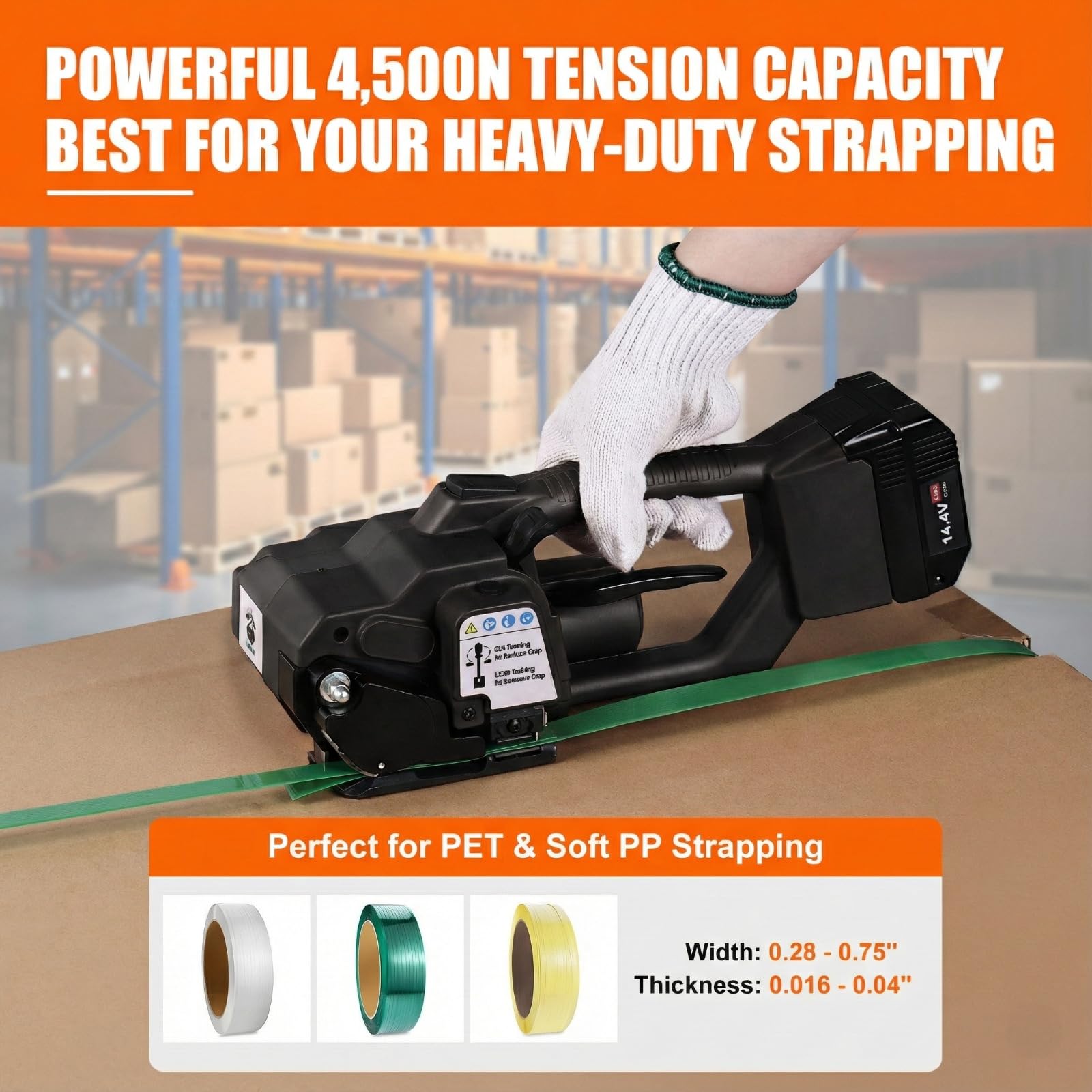 Reggiatrice elettrica, tenditore 4.500N, display LCD, batteria da 4.000 mAh, kit automatico portatile per cinghie in PET/PP da 0,5-0,6 pollici, imballaggio di pallet e scatole (nero, 1 batteria da