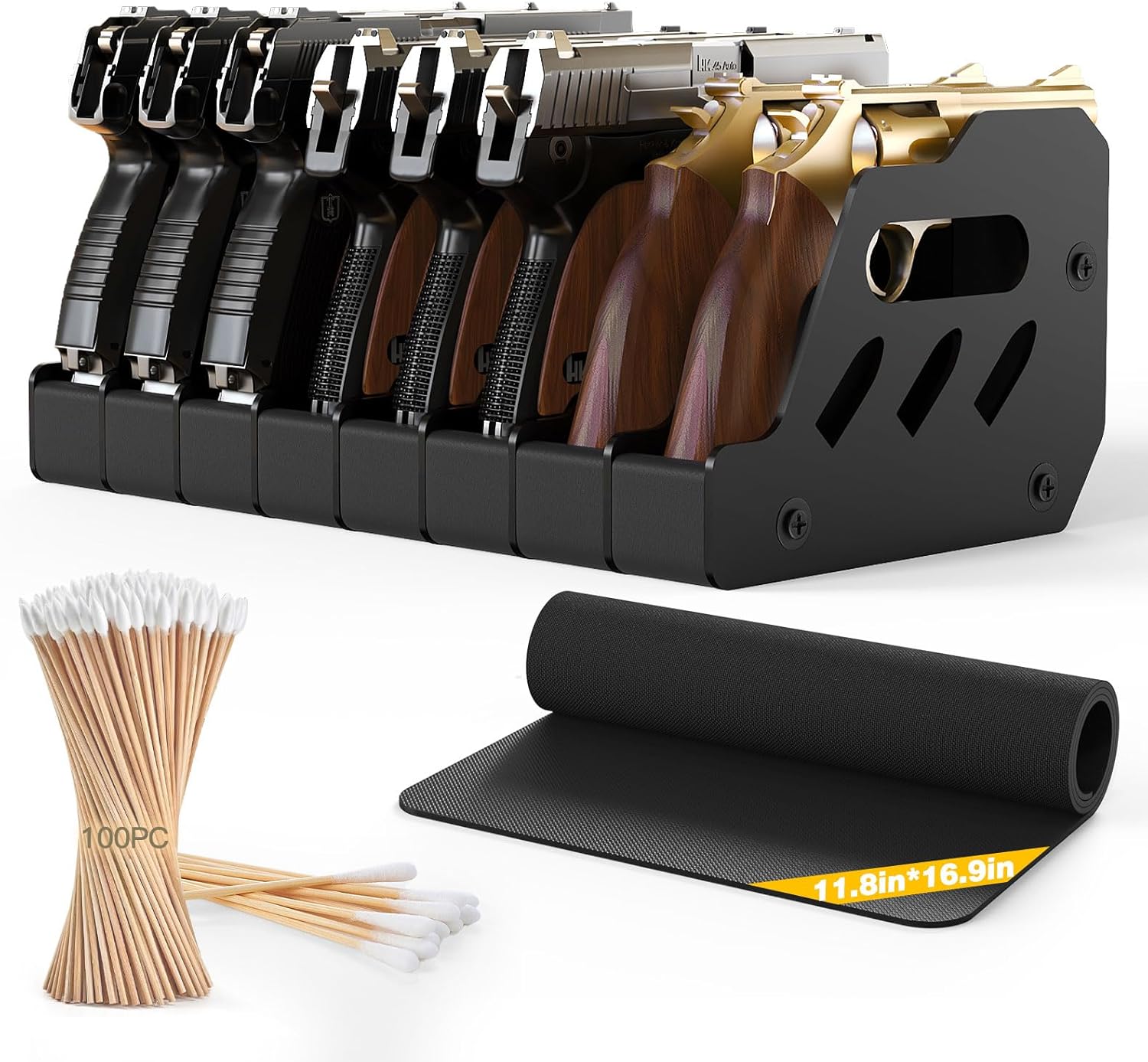 MoKo Pistol Rack for Gun Safe, Gun Rack Fits Most Handguns, Scratch Resistance Pistol Stand and Holder for Gun Safe, Gun Cabinet Accessories with Cleaning Tools