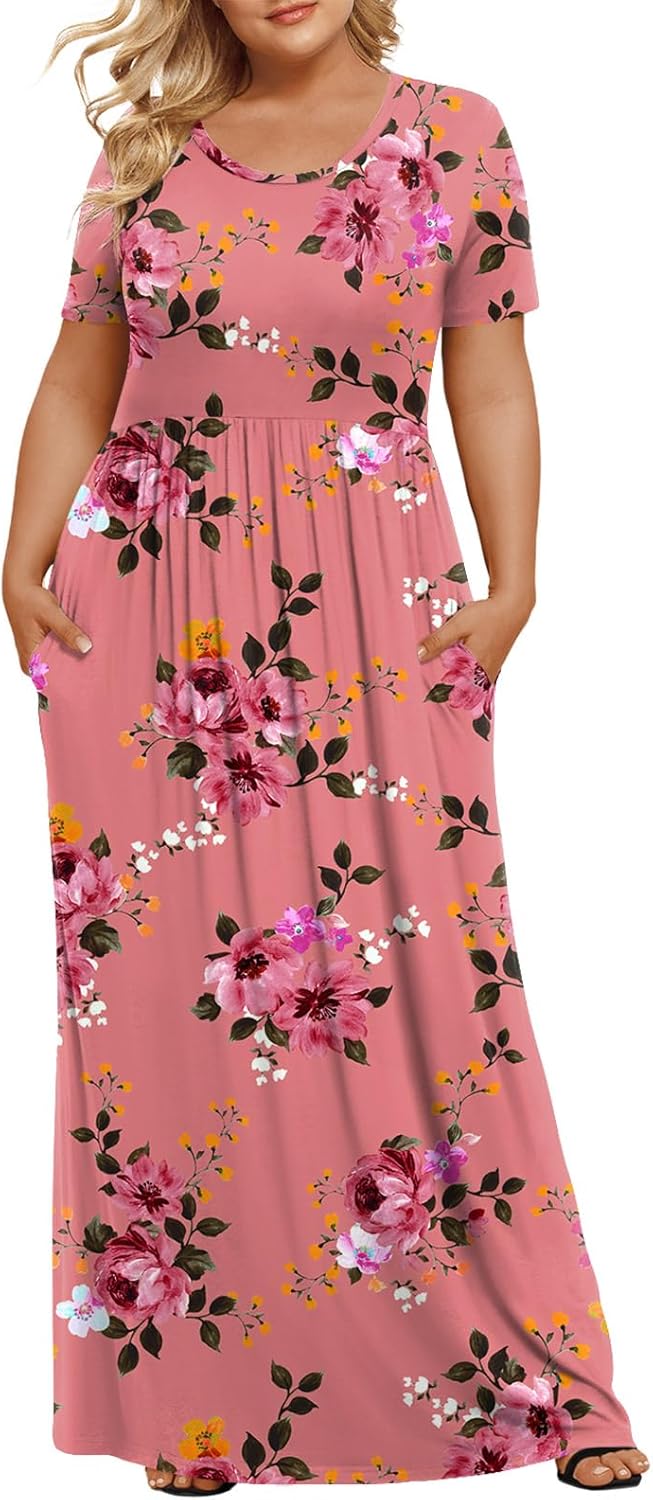 LONGYUAN Women's Plus Size Maxi Dresses for Curvy Women Summer Short Sleeve Casual 2026 Long Dress XL-6XL