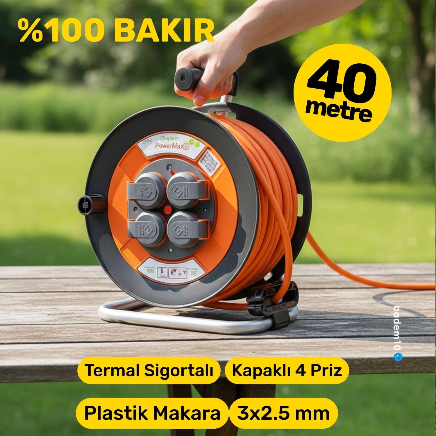 Plastik Makaralı Kablo Uzatma Kablosu% 100 BAKIR 40 Metre 3x2.5 mm Termal Sigortalı Seyyar 4 Prizli