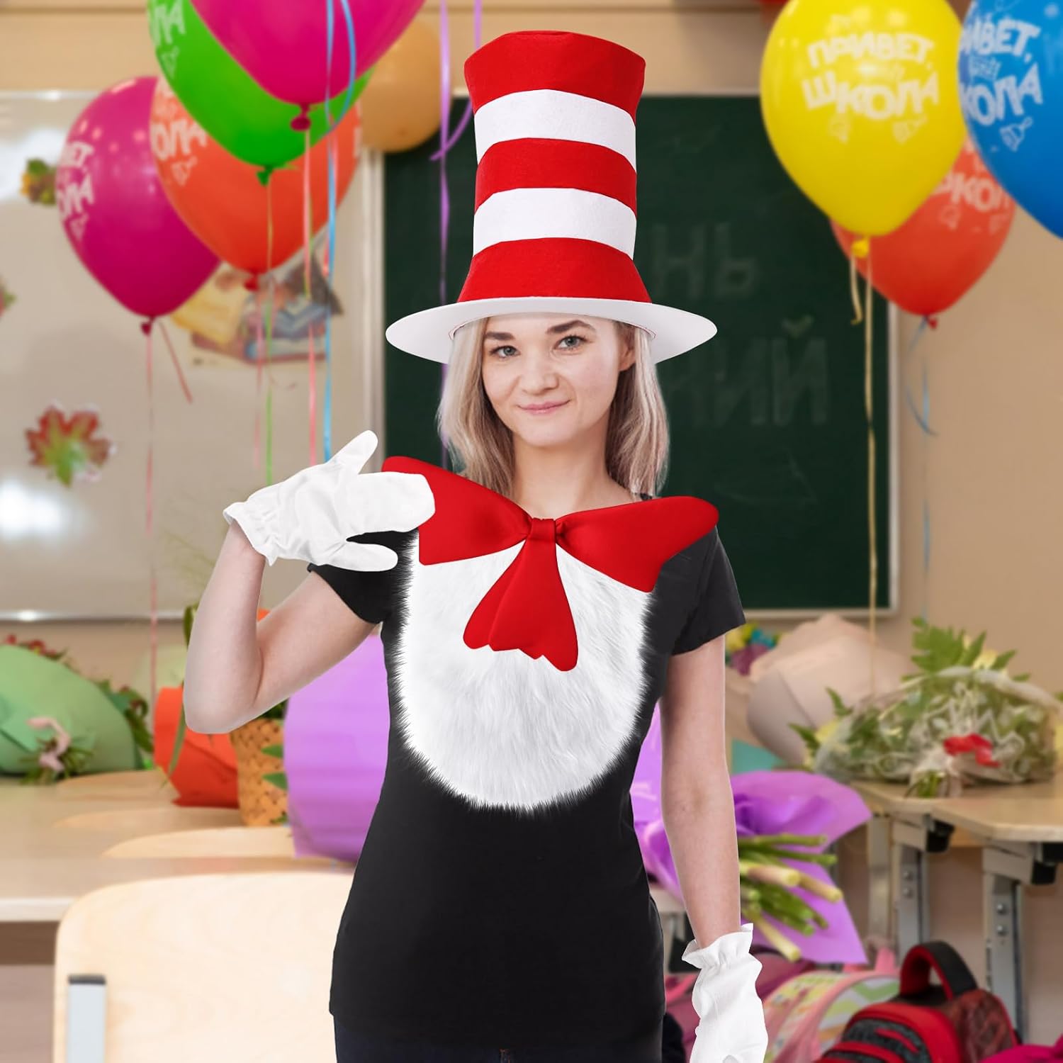 5 Pcs Hallowen Costume Accessories,Red White Striped Hats/Red Bow/White Furry/White Gloves - Image 5