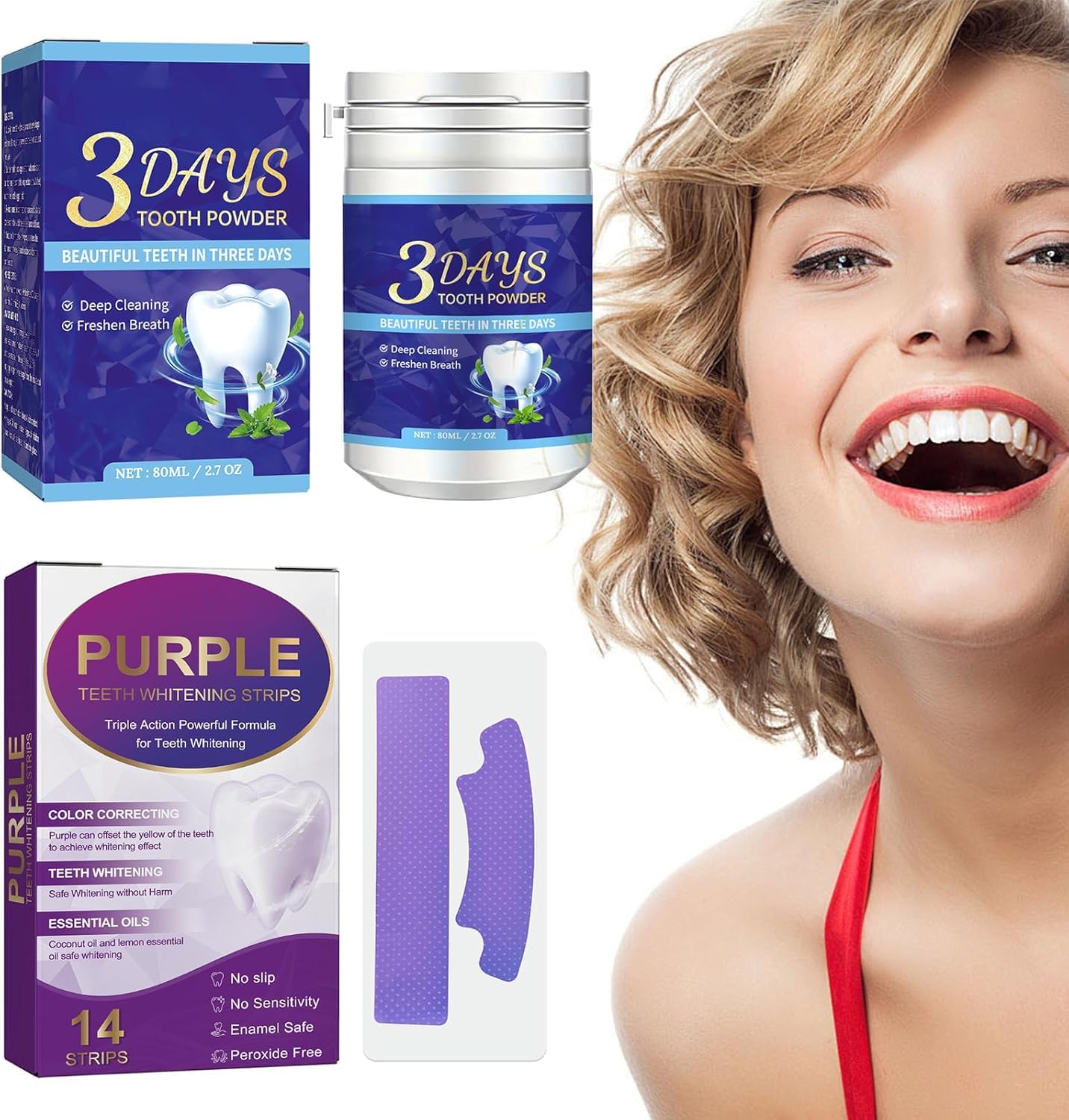 Teeth Whitening Powder + Premium Teeth Whitening Strips, Strips for Teeth Whitening, Organic Teeth Cleaning Powder, Teeth Whitening Tooth Powder, Eliminating Bad Breath, Deep Cleaning Stain Removal