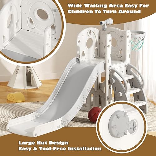 Miniatura 4 de Glaf Juego de tobogán 6 en 1 para exteriores para niños pequeños de 1 a 3 años, tobogán para bebés con aro de baloncesto y espacio de almacenamiento