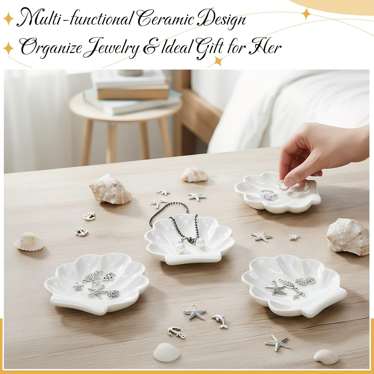 8 Pcs Shell Trinket Dish Seashell Jewelry Dishes for Women Shell Ceramic Jewelry Dish Tray Ceramic Ring Holder Decorative Trinket Tray Organizing Rings Earrings Necklaces Keys for Home Decor