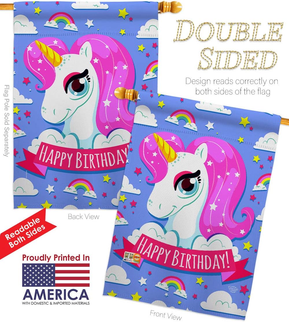 Magical Unicorn Birthday House Flag Celebration Cake Gift Present Candy Bouquet Occasion Anniversary Party Small Decorative Yard Banner Double-Sided Made In USA 28 X 40